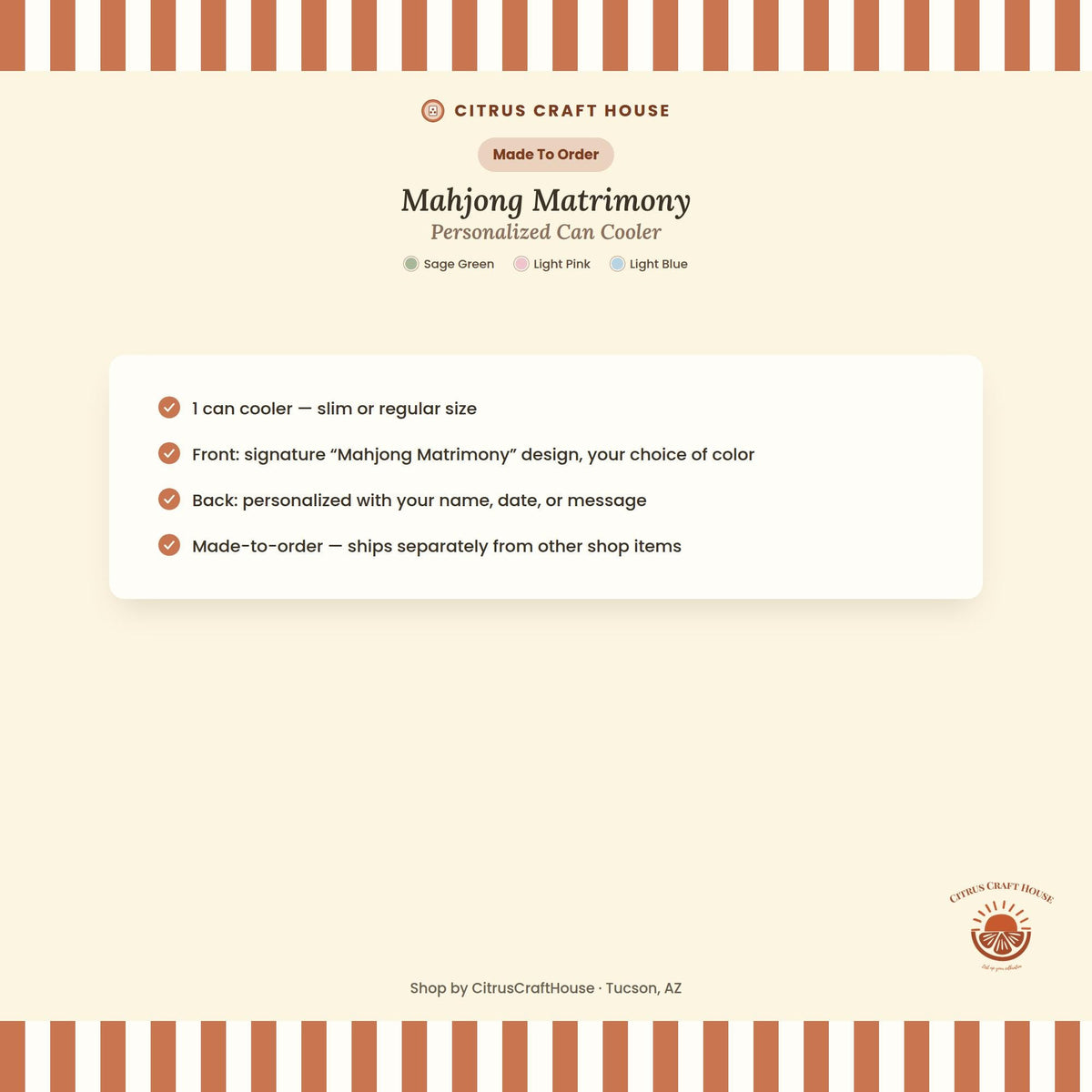 Personalized Mahjong and Matrimony Can Cooler Custom Can Sleeve in Sage Green, Light Pink or Light Blue