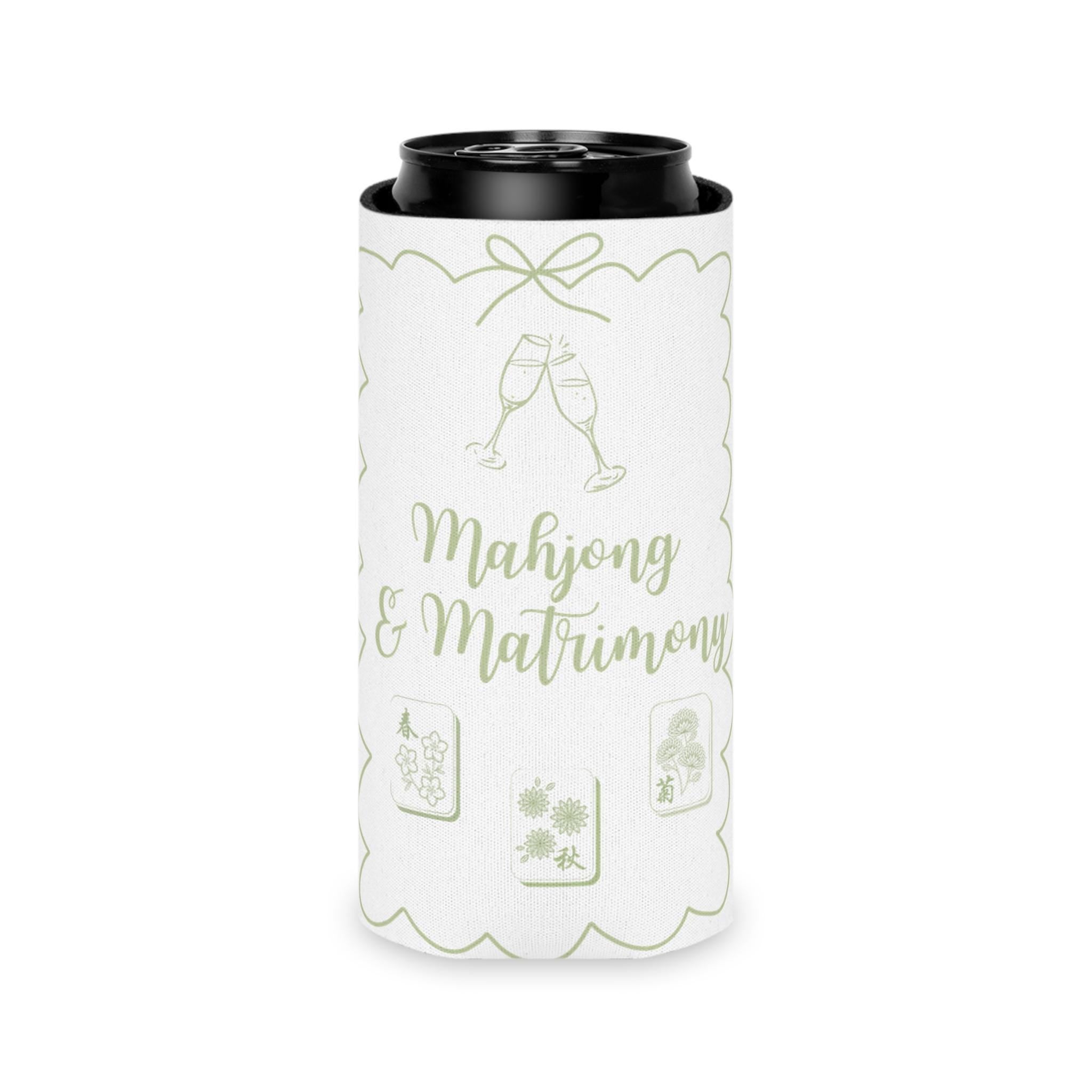 Personalized Mahjong and Matrimony Can Cooler Custom Can Sleeve in Sage Green, Light Pink or Light Blue