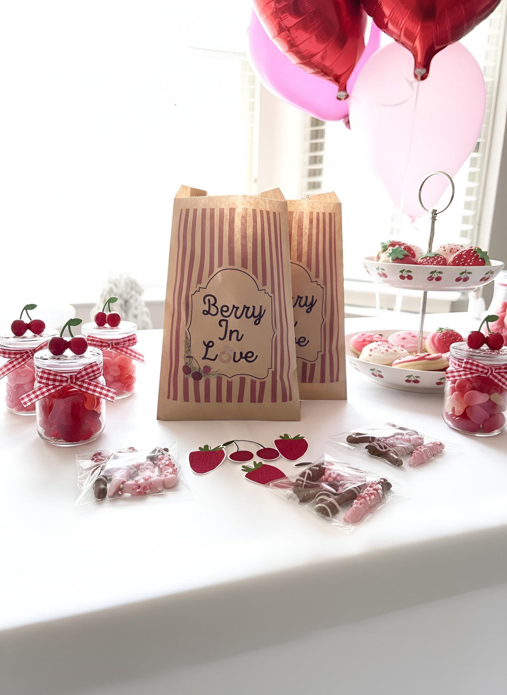 Berry In Love Bridal Shower Decor Kit | Cherry & Strawberry Bachelorette Party Set | Signs, Balloons, Favor Bags and More