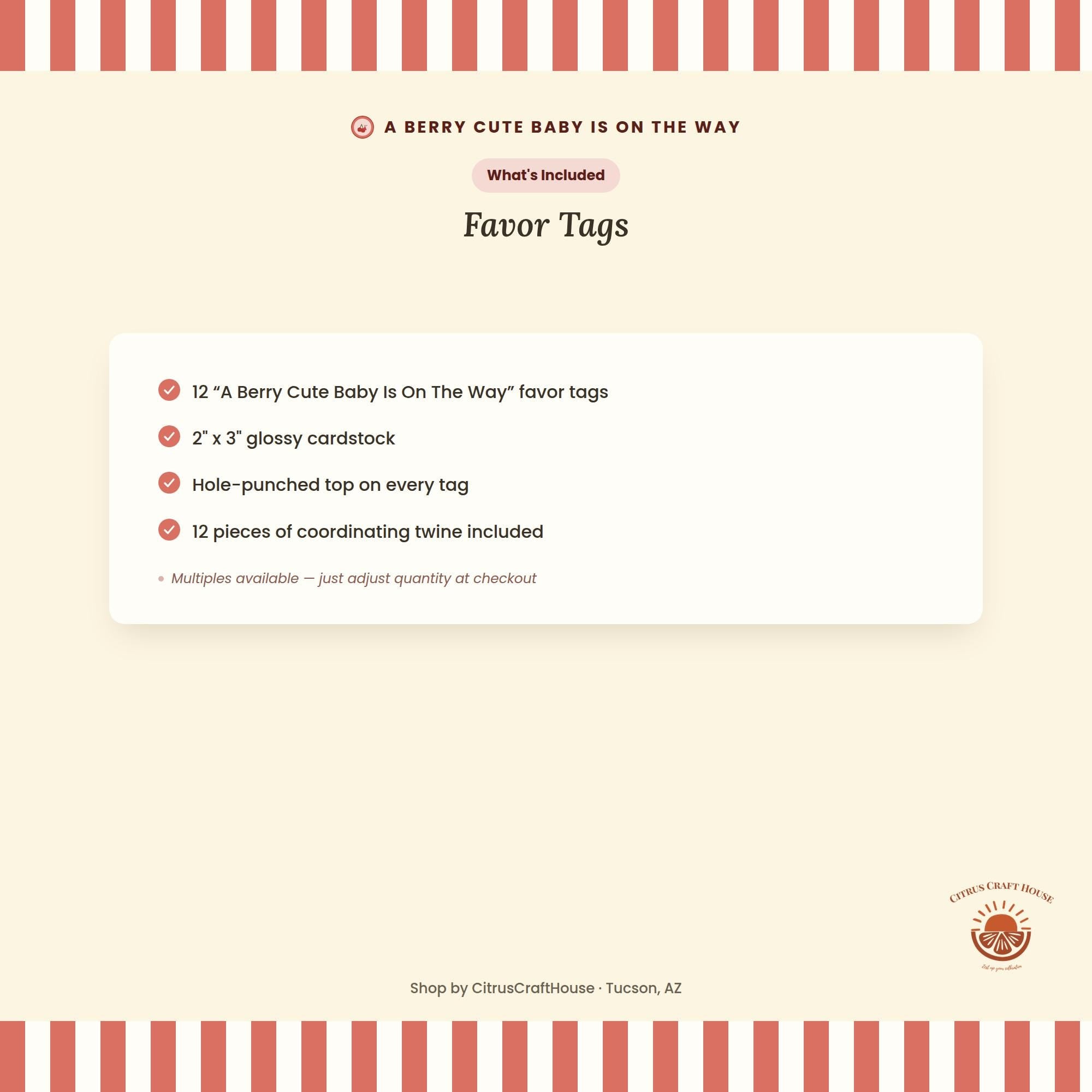 A Berry Cute Baby Is On The Way Favor Tags, Set of 12 – Glossy Cardstock Gift Tags with Twine for Baby Shower and Party Favors