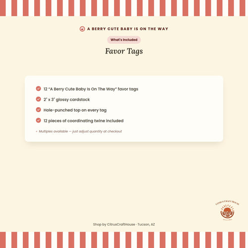 A Berry Cute Baby Is On The Way Favor Tags, Set of 12 – Glossy Cardstock Gift Tags with Twine for Baby Shower and Party Favors