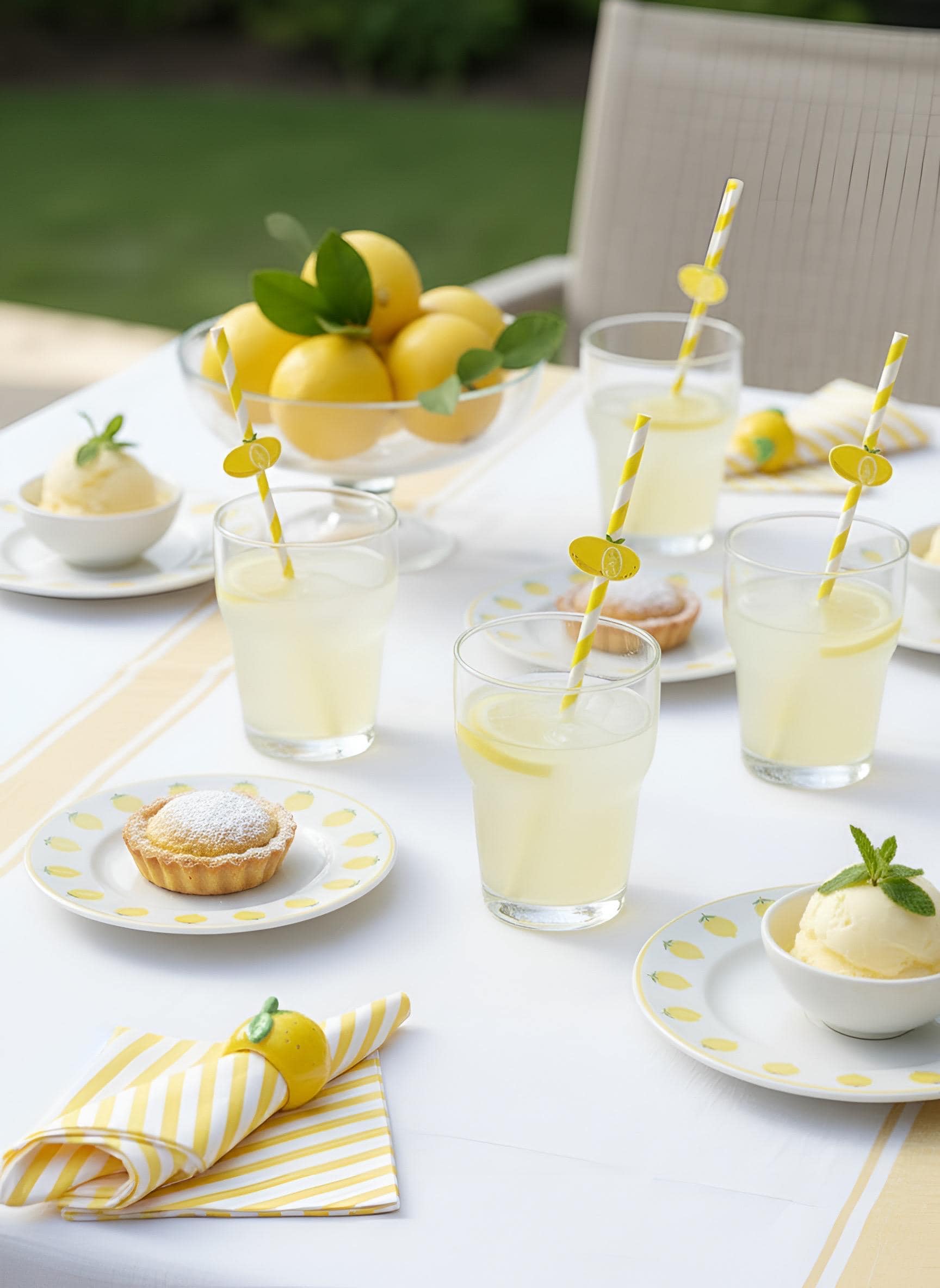 A styled outdoor table setting featuring lemonade glasses with yellow-and-white striped straws, lemon slices, small pastries on yellow-and-white patterned plates, and a matching napkin. The scene includes a bowl of lemons and a chair in the background.