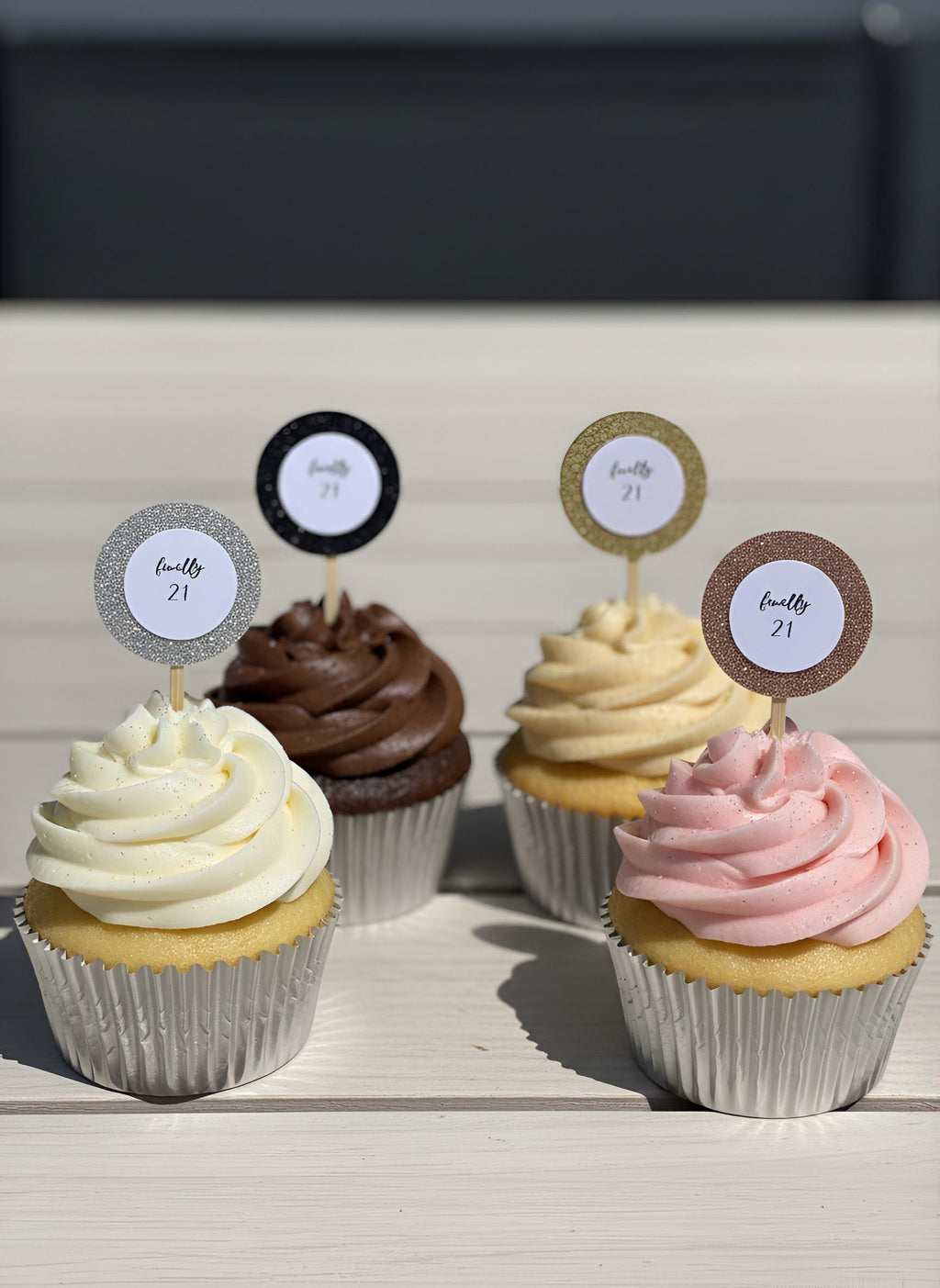 Finally 21 Glitter Treat Toppers, Set of 12 – Rose Gold, Gold, Silver, Black Glitter Cupcake Charcuterie Picks with Bamboo Skewers