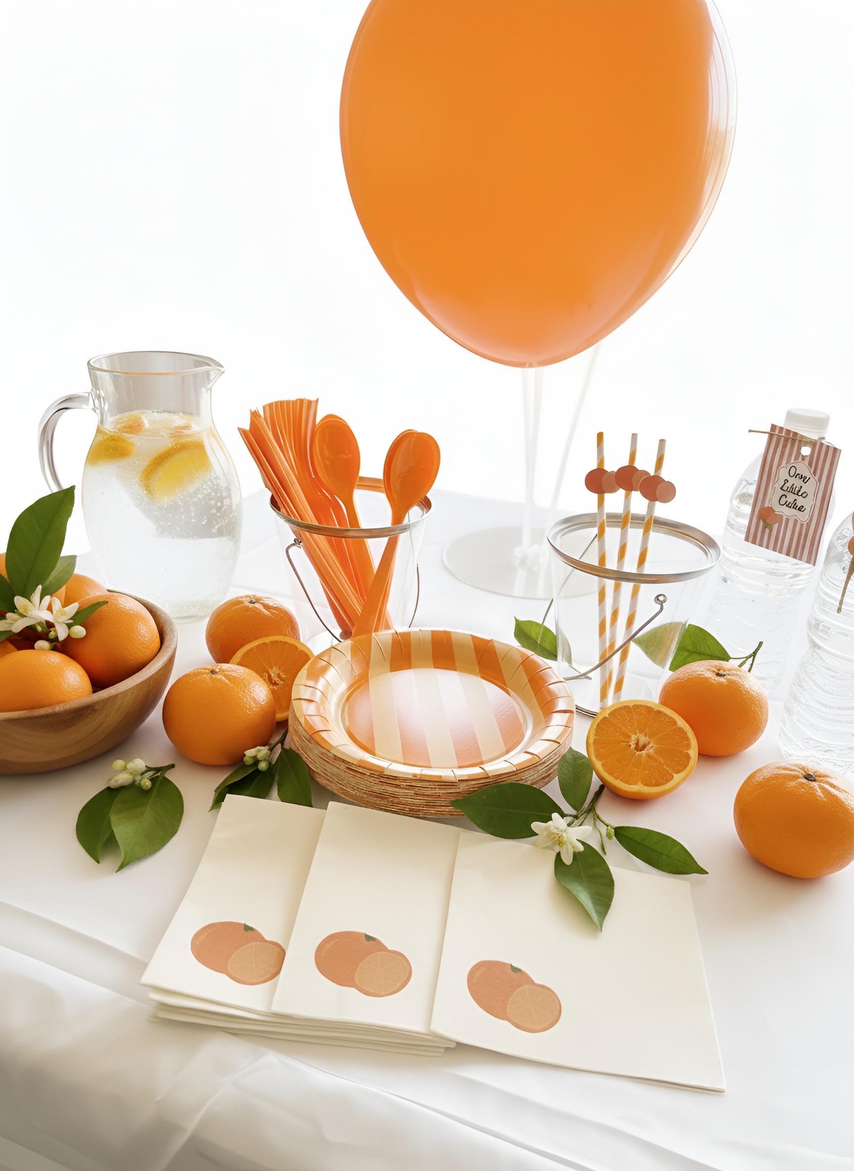 Orange-themed party table setting with a large orange balloon, oranges, orange slices, green leaves, white napkins printed with orange circles, striped straws, and a glass pitcher of lemonade on a white tablecloth.