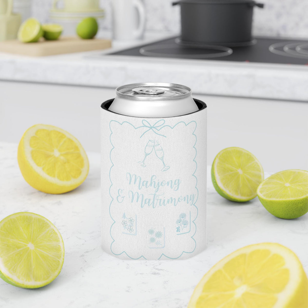 Personalized Mahjong and Matrimony Can Cooler Custom Can Sleeve in Sage Green, Light Pink or Light Blue