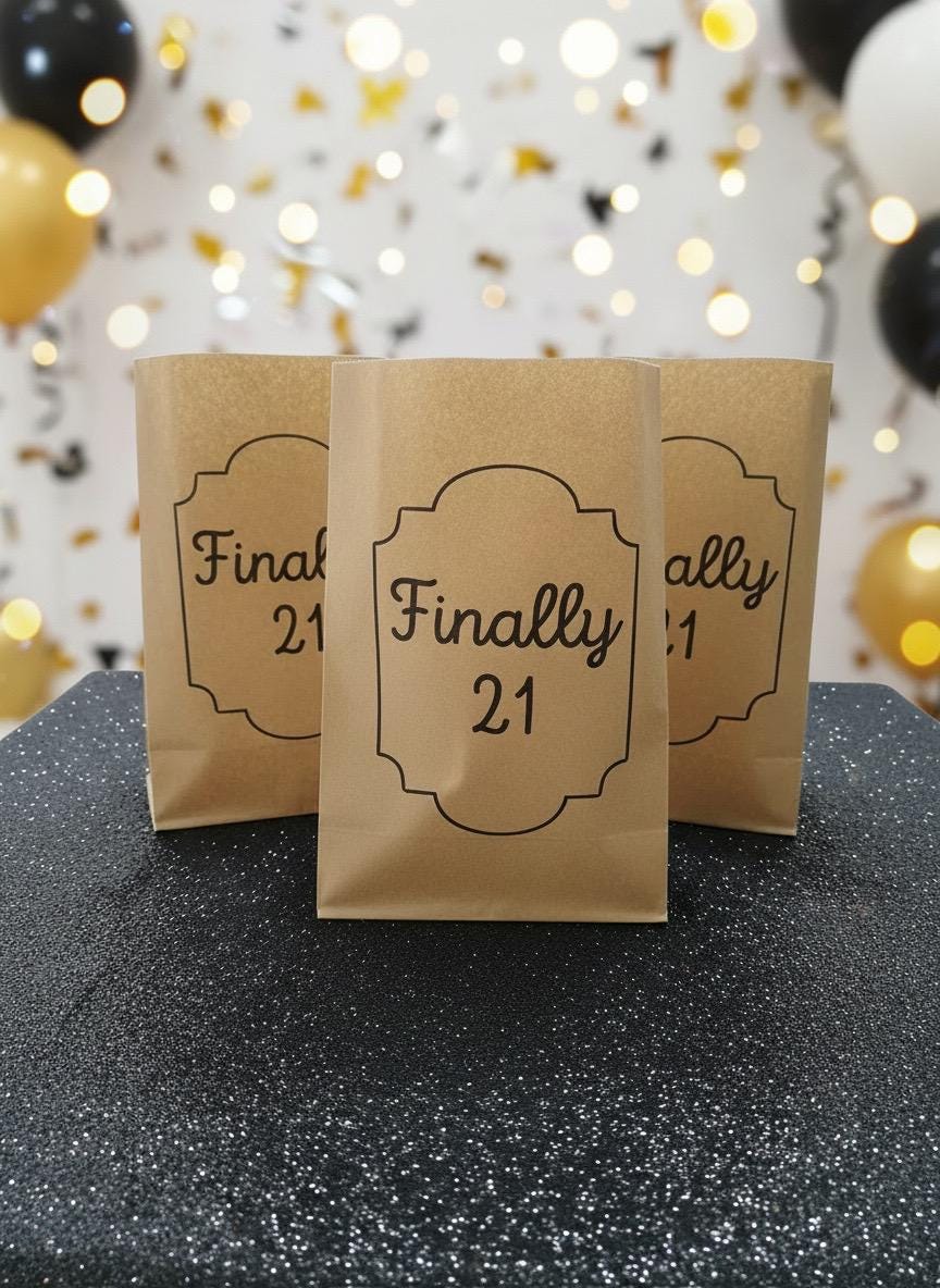 Finally 21 Favor Bags, Set of 12 – 6x9 Flat Kraft Paper Bags for Birthday Favors & Treats