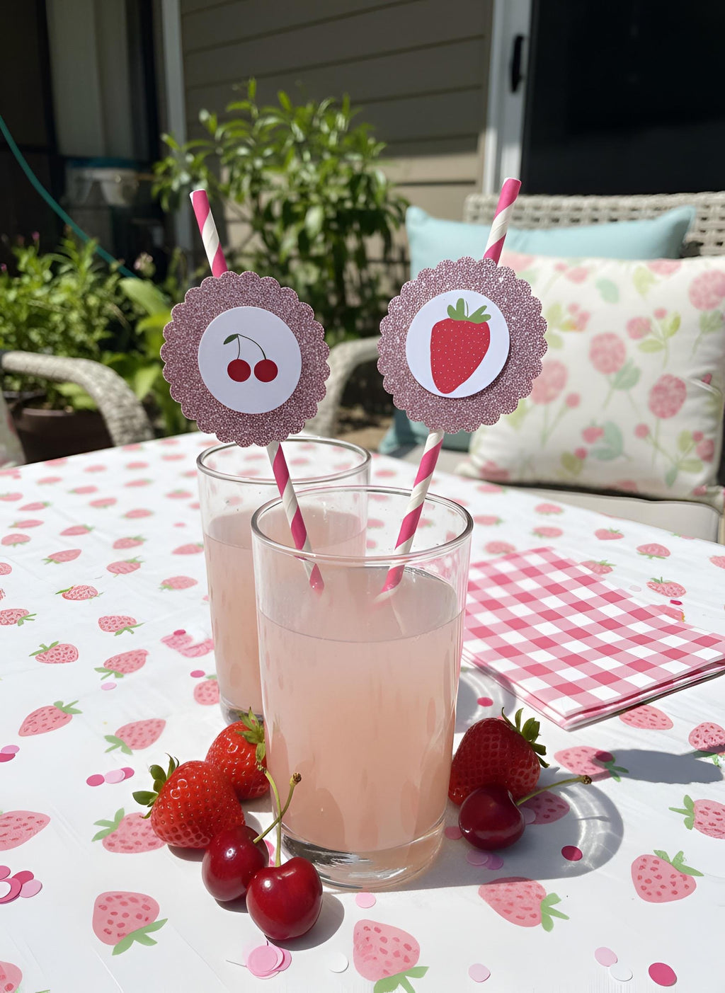 Cherry & Strawberry Paper Straws, Set of 12 – Glitter Topper Straws for Baby Shower, Bridal Shower and Berry Party
