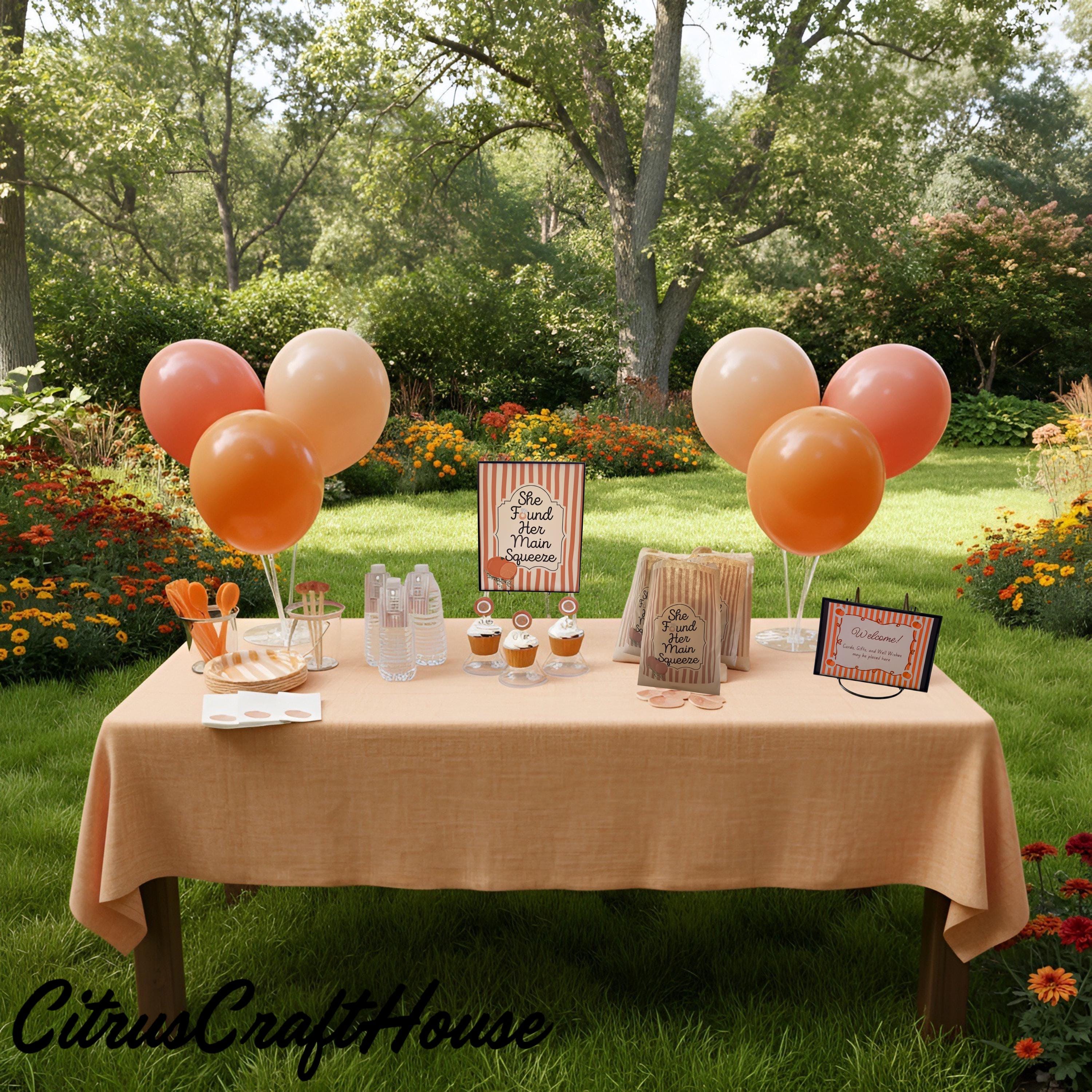 She found her main squeeze, orange and white glitter party kit with favor tags, favor bags, signs, balloons, napkins, straws