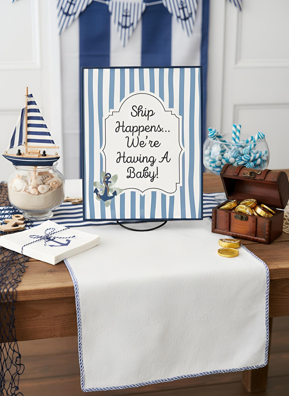 Ship Happens... We're Having A Baby! Baby Shower Decor Kit | Nautical Baby Sprinkle Party Set | Signs, Balloons, Favor Bags and  More