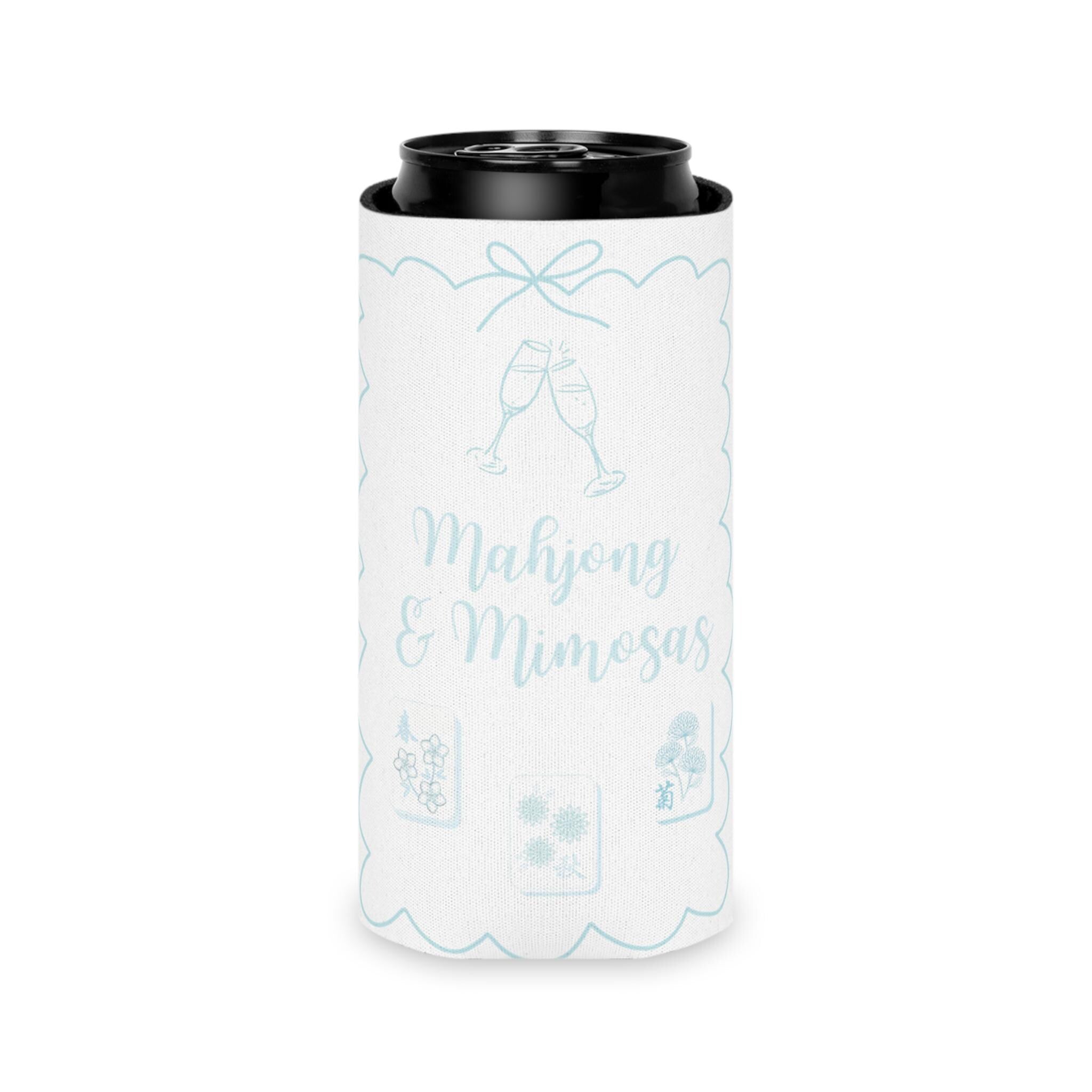 Personalized Mahjong and Mimosas Can Cooler Custom Can Sleeve in Sage Green, Light Pink or Light Blue