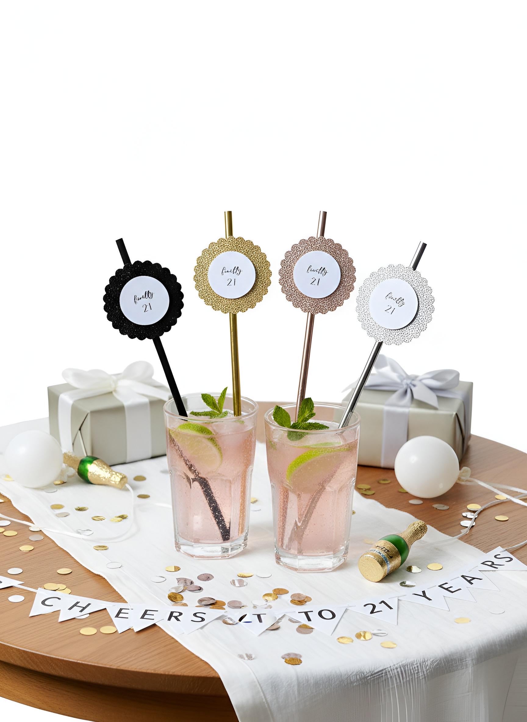 Finally 21 Glitter Paper Straws, Set of 12 – Color Coordinated Rose Gold, Gold, Silver or Black Glitter