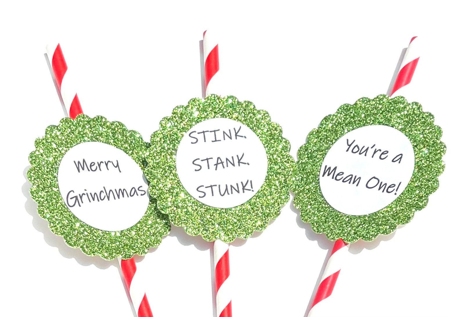 Green Glitter Christmas Straws, Set of 12 – Mean One Holiday Party Decor & Photo Prop