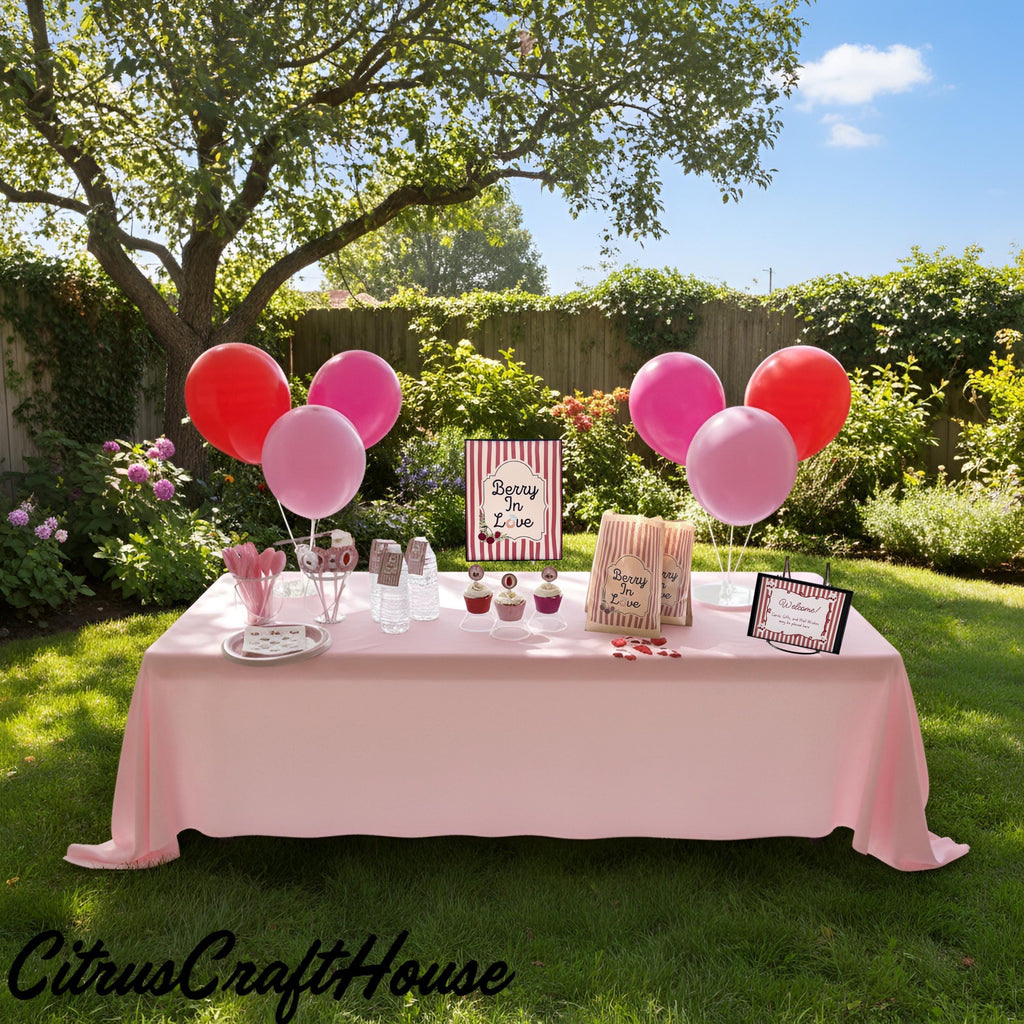 A pink bachelorette party table setup in a backyard garden, featuring a light pink tablecloth, pink and red balloons, party hats, cups, and signs including a 'Bachelorette for Life' sign. CitrusCraftHouse logo is visible in the bottom left corner. Berry in love