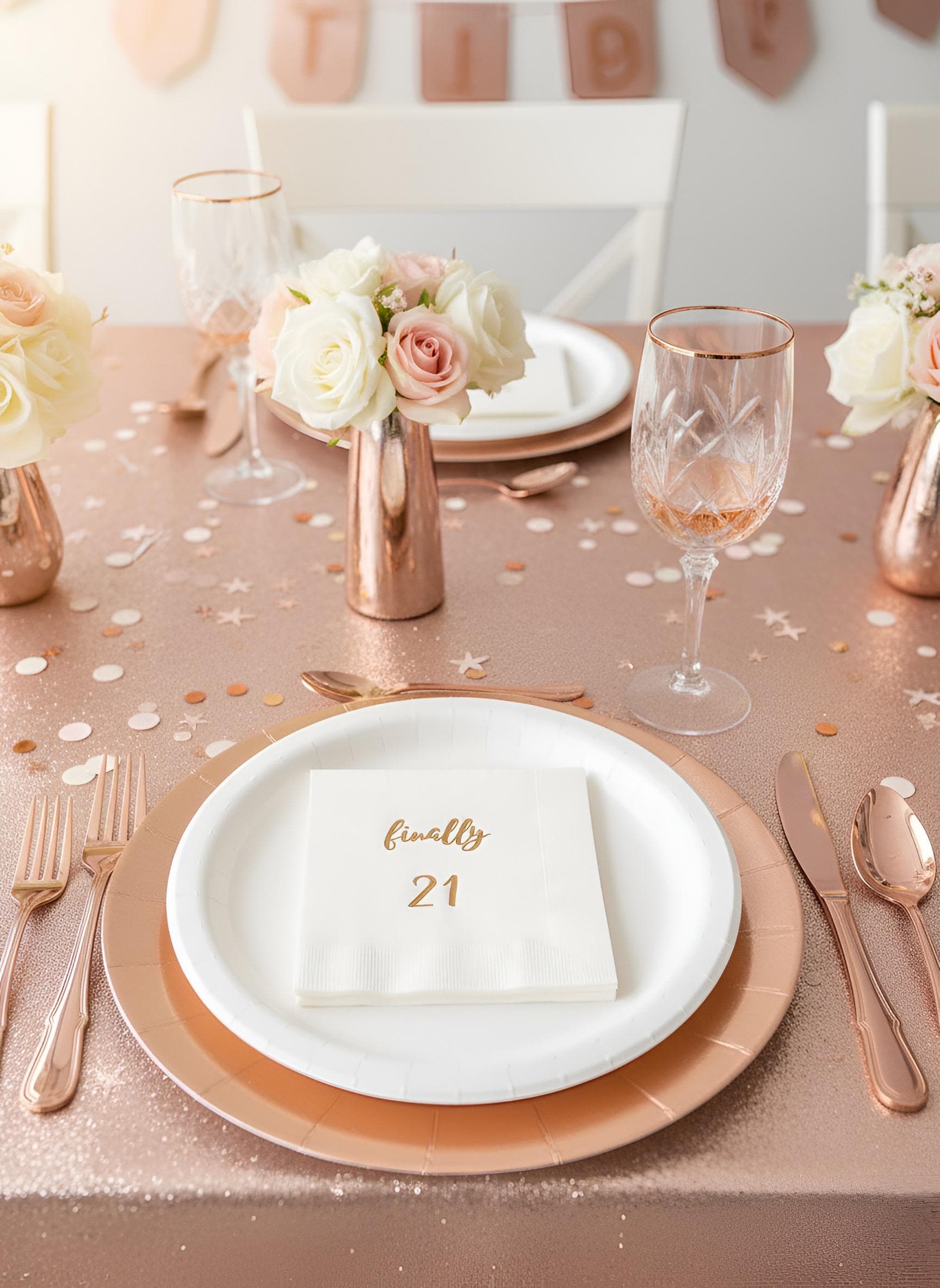 Finally 21 party decor, napkins, metallic, rose, gold, gold, silver, black