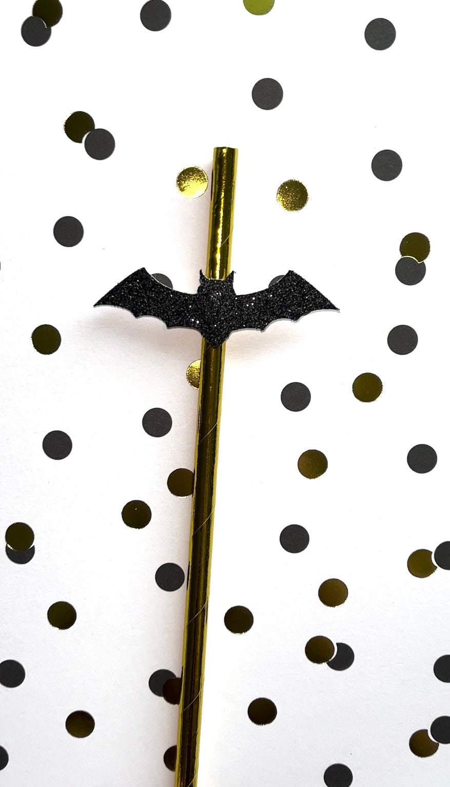 Glitter Bat Paper Straws, Set of 12 – Black Gold Halloween Party Decor & Cocktail Stirrers