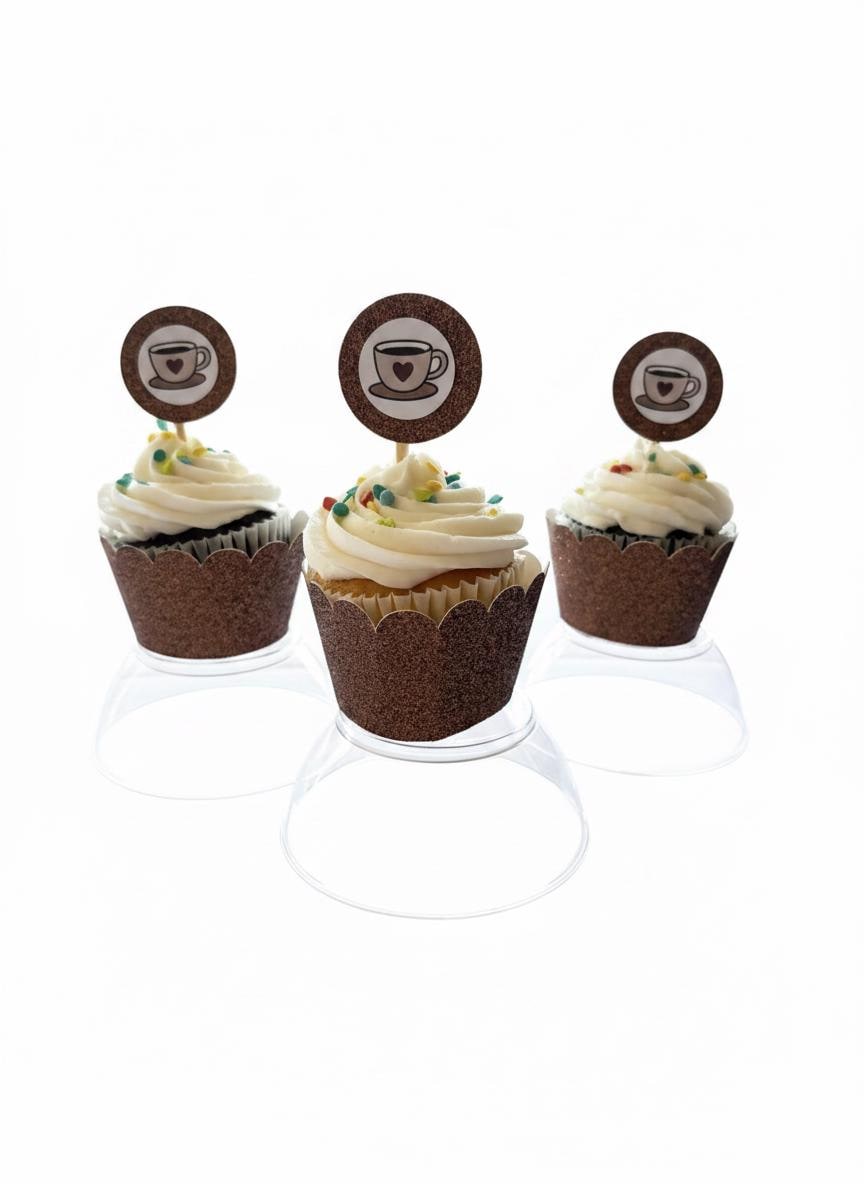 Coffee Treat Toppers, Set of 12 – Glitter Cupcake Picks & Charcuterie Picks with Bamboo Skewers