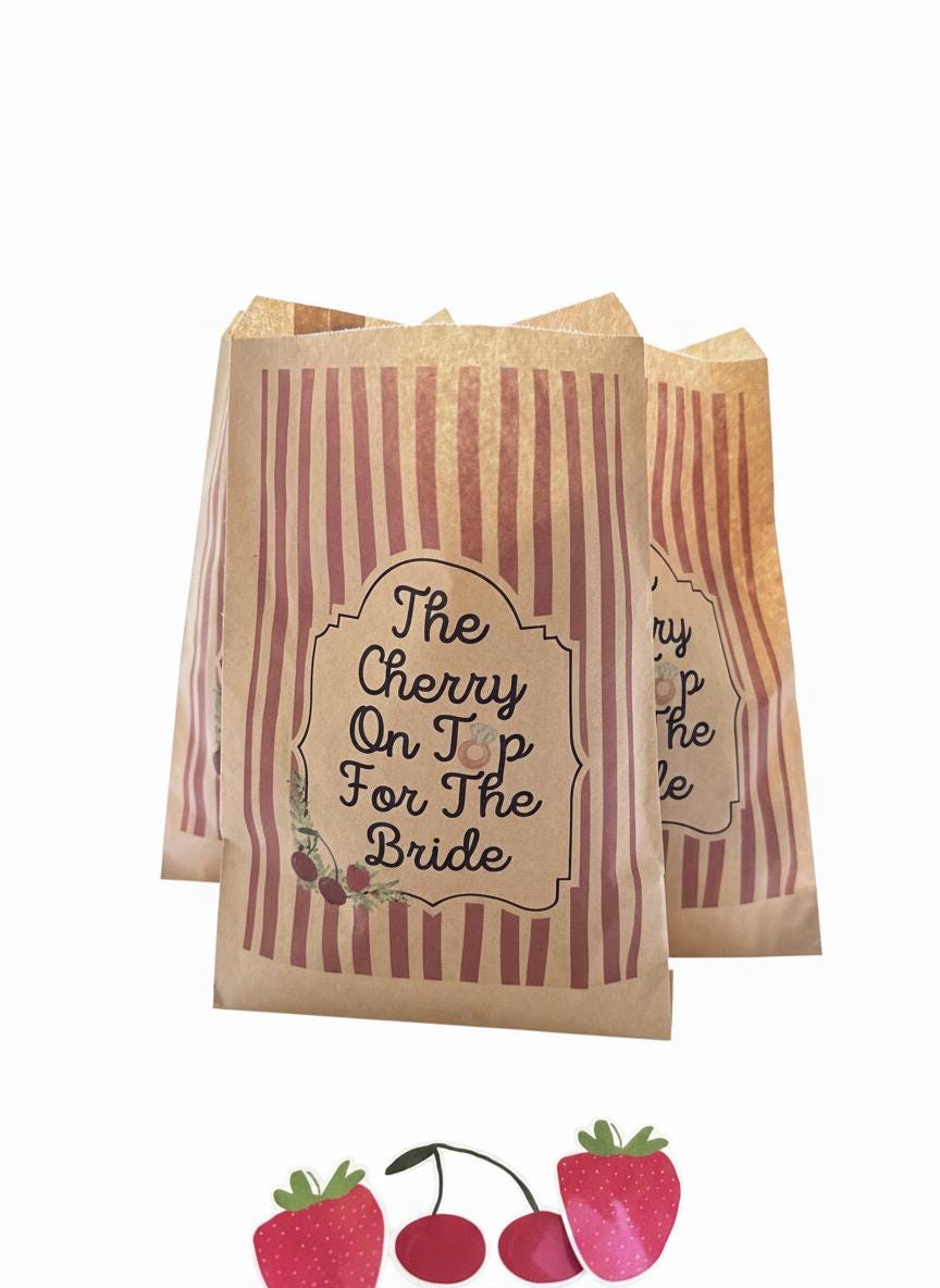 The Cherry On Top For The Bride" Favor Bags, Set of 12 – 6x9 Flat Kraft Paper Bags for Bridal Shower and Bachelorette Favors