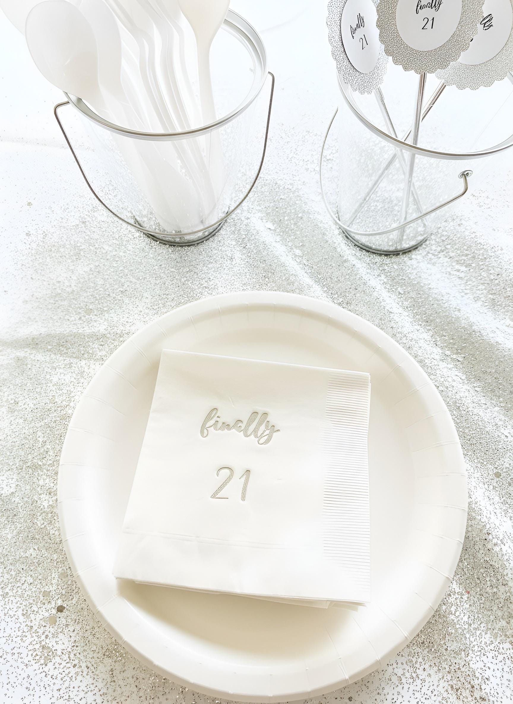 Finally 21 Napkins, Set of 12 – Rose Gold, Gold, Silver Metallic Lettering, White or Black Napkin