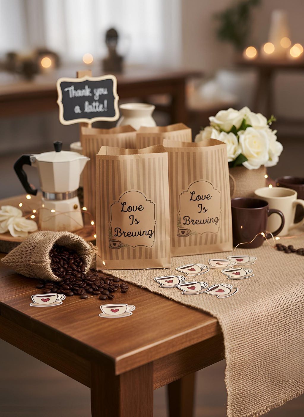 Love Is Brewing Favor Bags, Set of 12 – 6x9 Flat Kraft Paper Bags for Bridal Shower & Bachelorette Favors