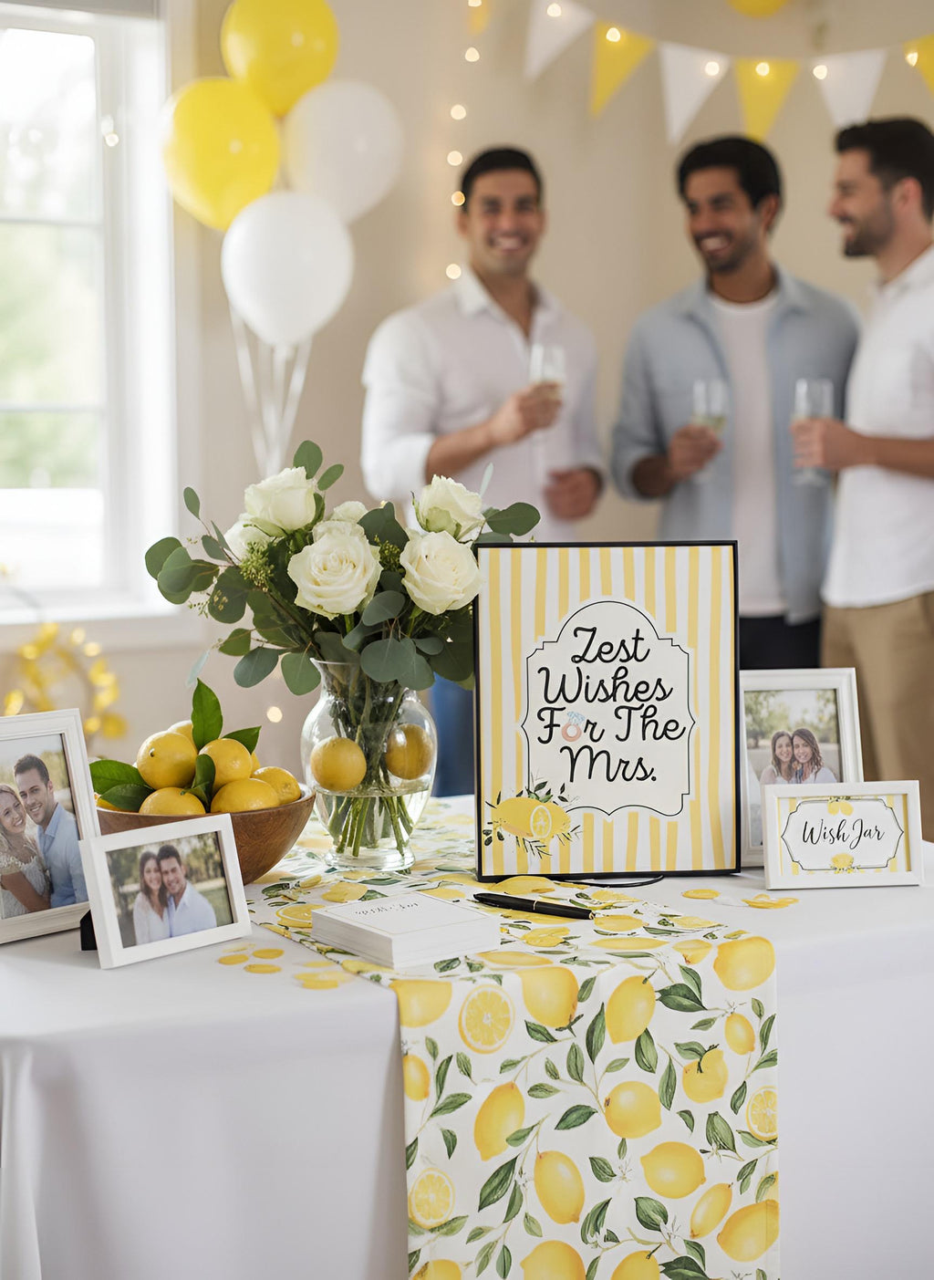 A styled wedding reception table featuring a yellow and white striped 'Zest Wishes for the Mrs.' sign, a lemon-patterned runner, white roses in a vase, and framed photos, with three blurred men holding drinks in the background.