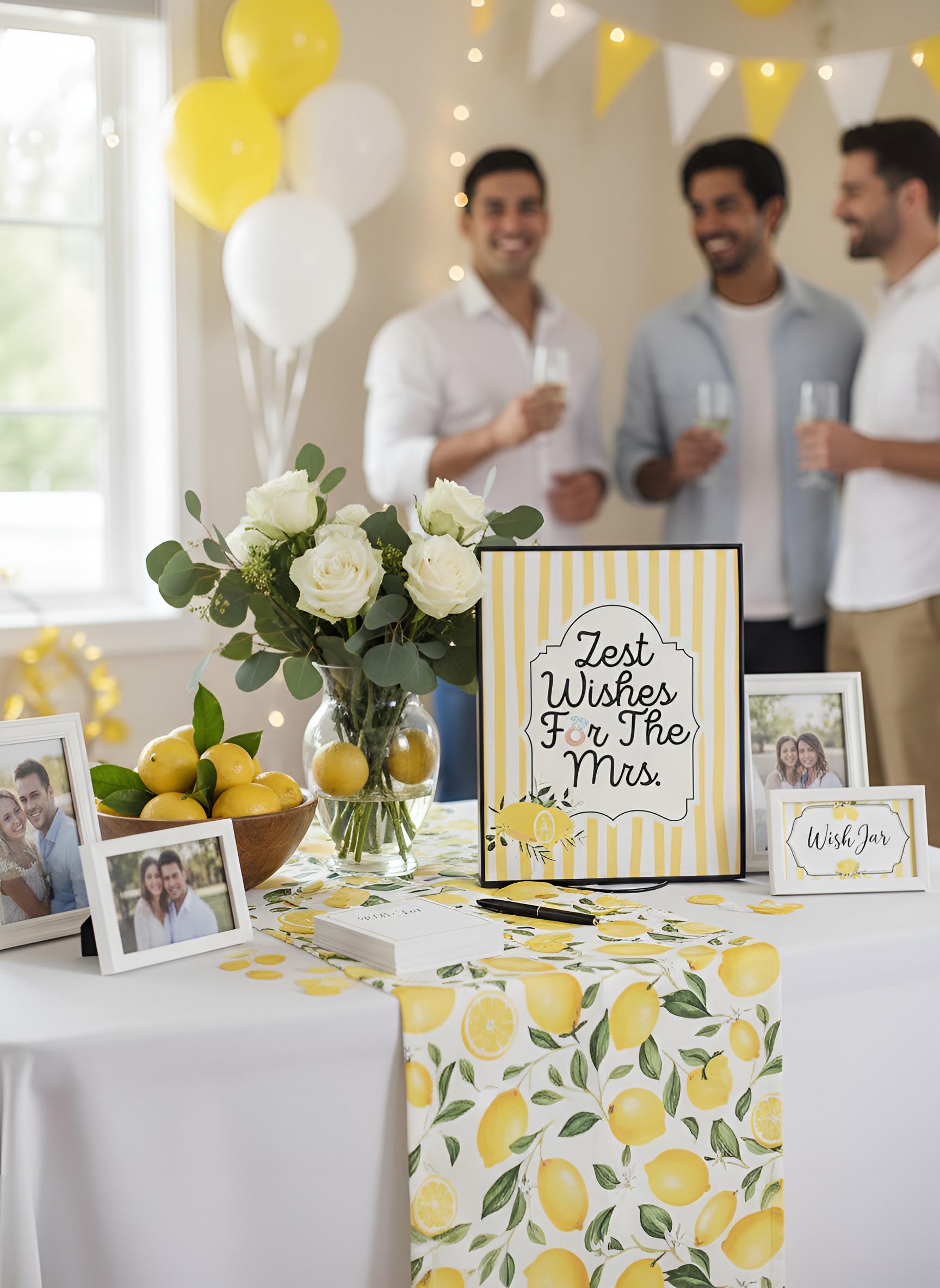 A styled wedding reception table featuring a yellow and white striped 'Zest Wishes for the Mrs.' sign, a lemon-patterned runner, white roses in a vase, and framed photos, with three blurred men holding drinks in the background.