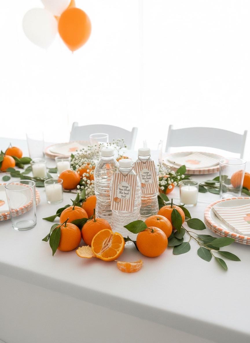 Orange you glad she said yes white and orange striped Party Favor tags with clementines and twine ties