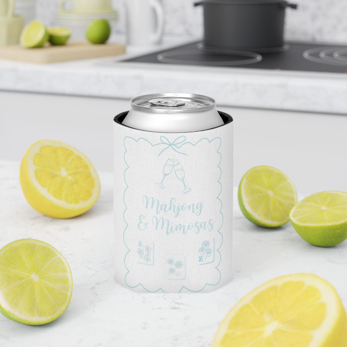 Personalized Mahjong and Mimosas Can Cooler Custom Can Sleeve in Sage Green, Light Pink or Light Blue
