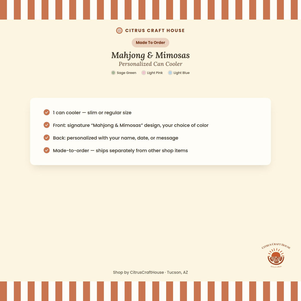 Personalized Mahjong and Mimosas Can Cooler Custom Can Sleeve in Sage Green, Light Pink or Light Blue