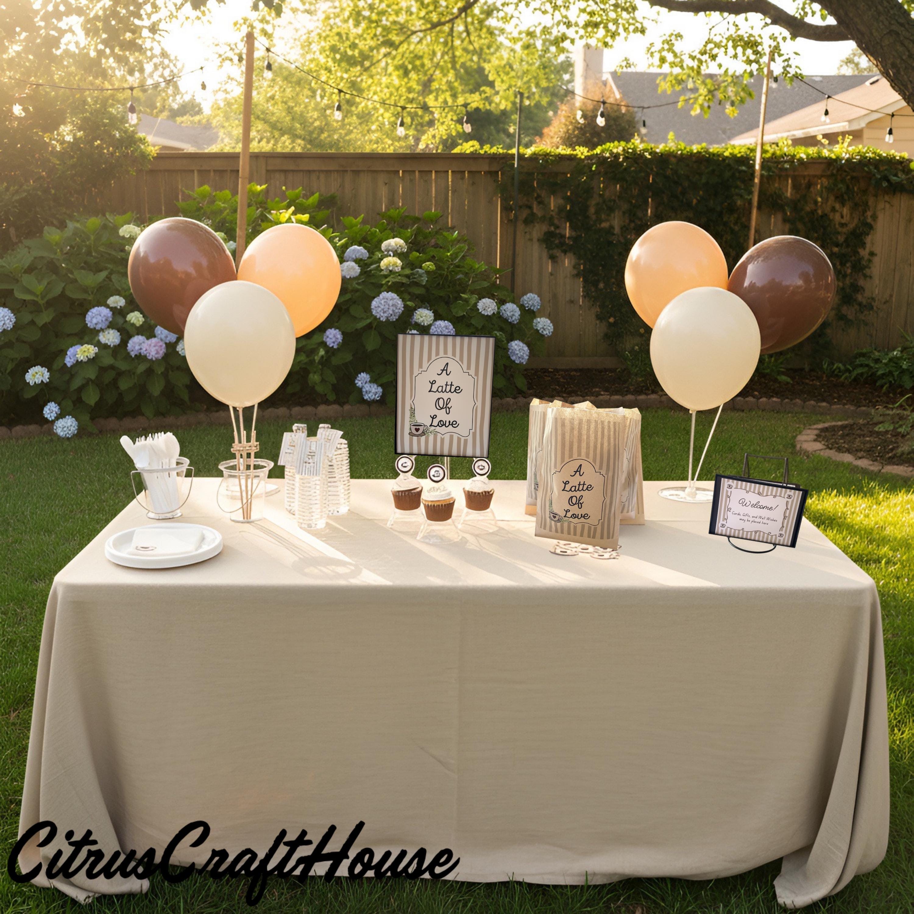 A latte of love party, decor, kit with signs, cupcake, wrappers, paper, straws, favor tags, favor bags, and balloons