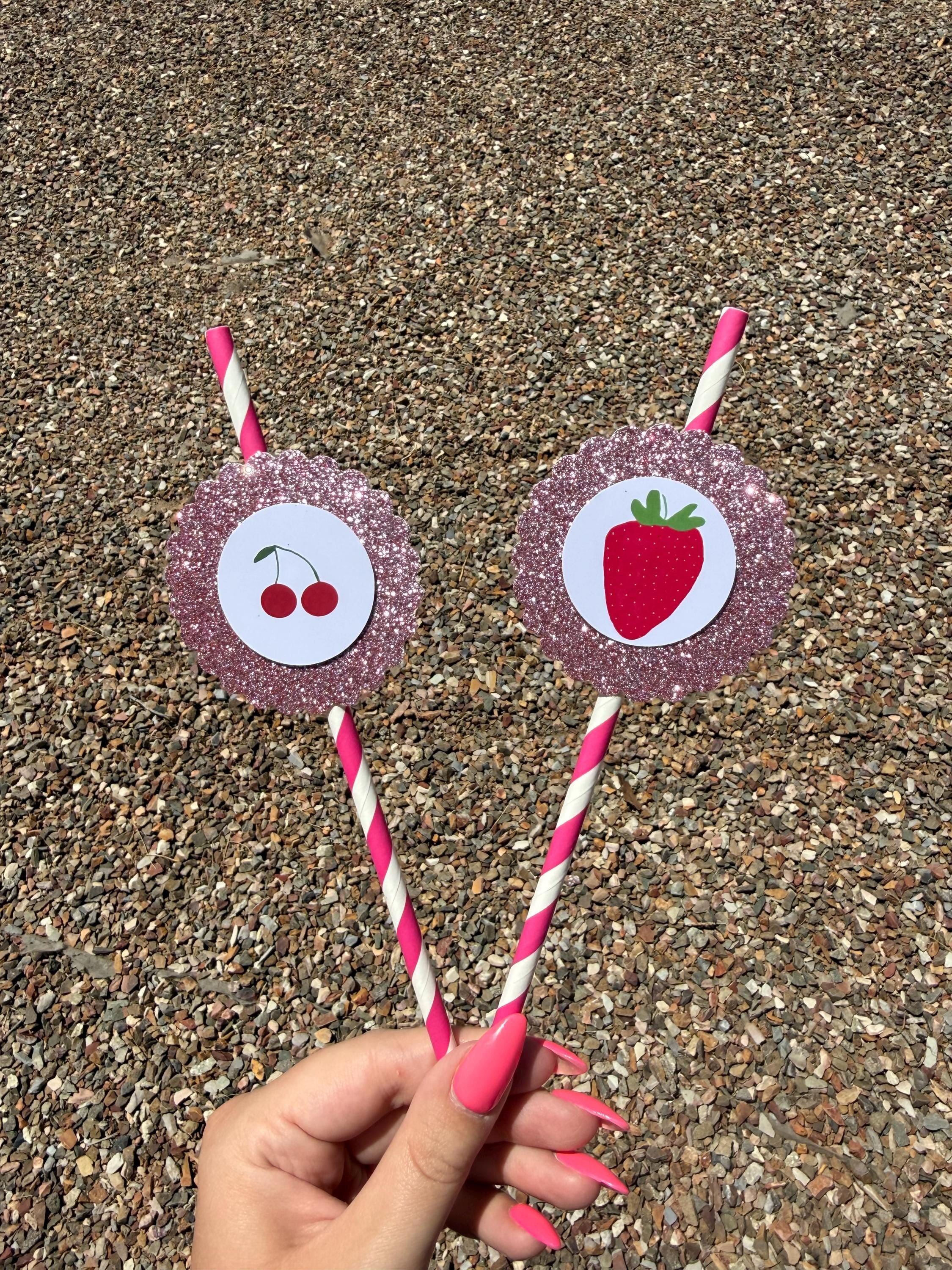 Cherry & Strawberry Paper Straws, Set of 12 – Glitter Topper Straws for Baby Shower, Bridal Shower and Berry Party