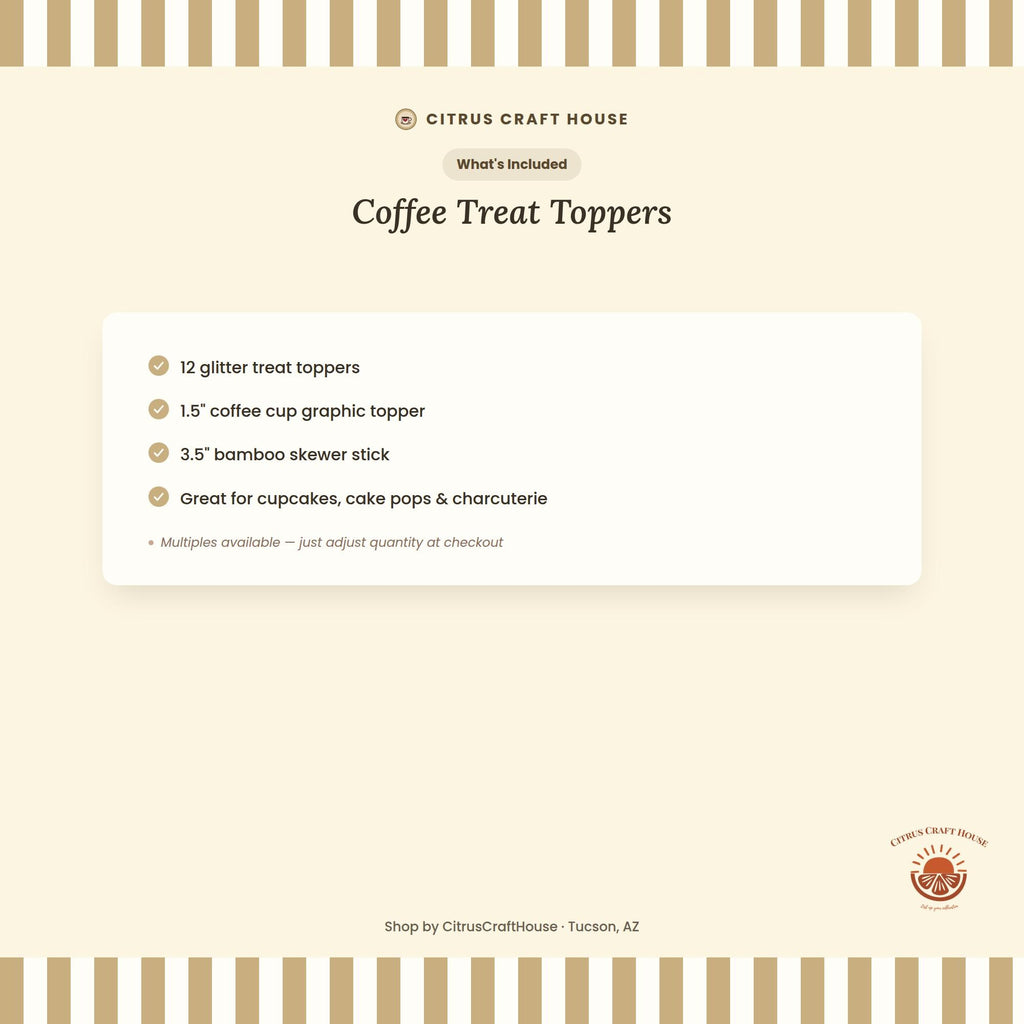 Coffee Treat Toppers, Set of 12 – Glitter Cupcake Picks & Charcuterie Picks with Bamboo Skewers