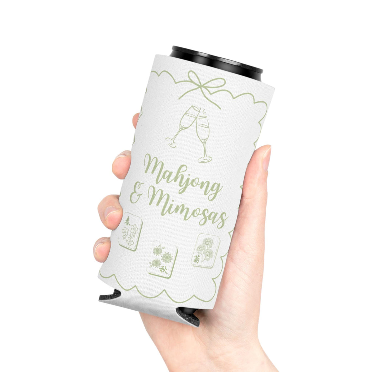 Personalized Mahjong and Mimosas Can Cooler Custom Can Sleeve in Sage Green, Light Pink or Light Blue