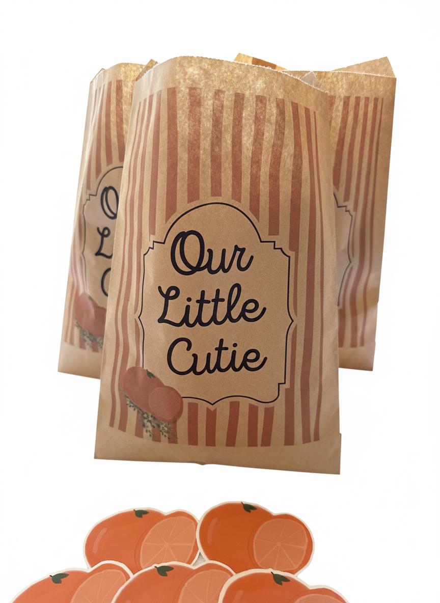 Our Little Cutie Favor Bags, Set of 12 – 6x9 Flat Kraft Paper Bags for Baby Shower Favors & Treats