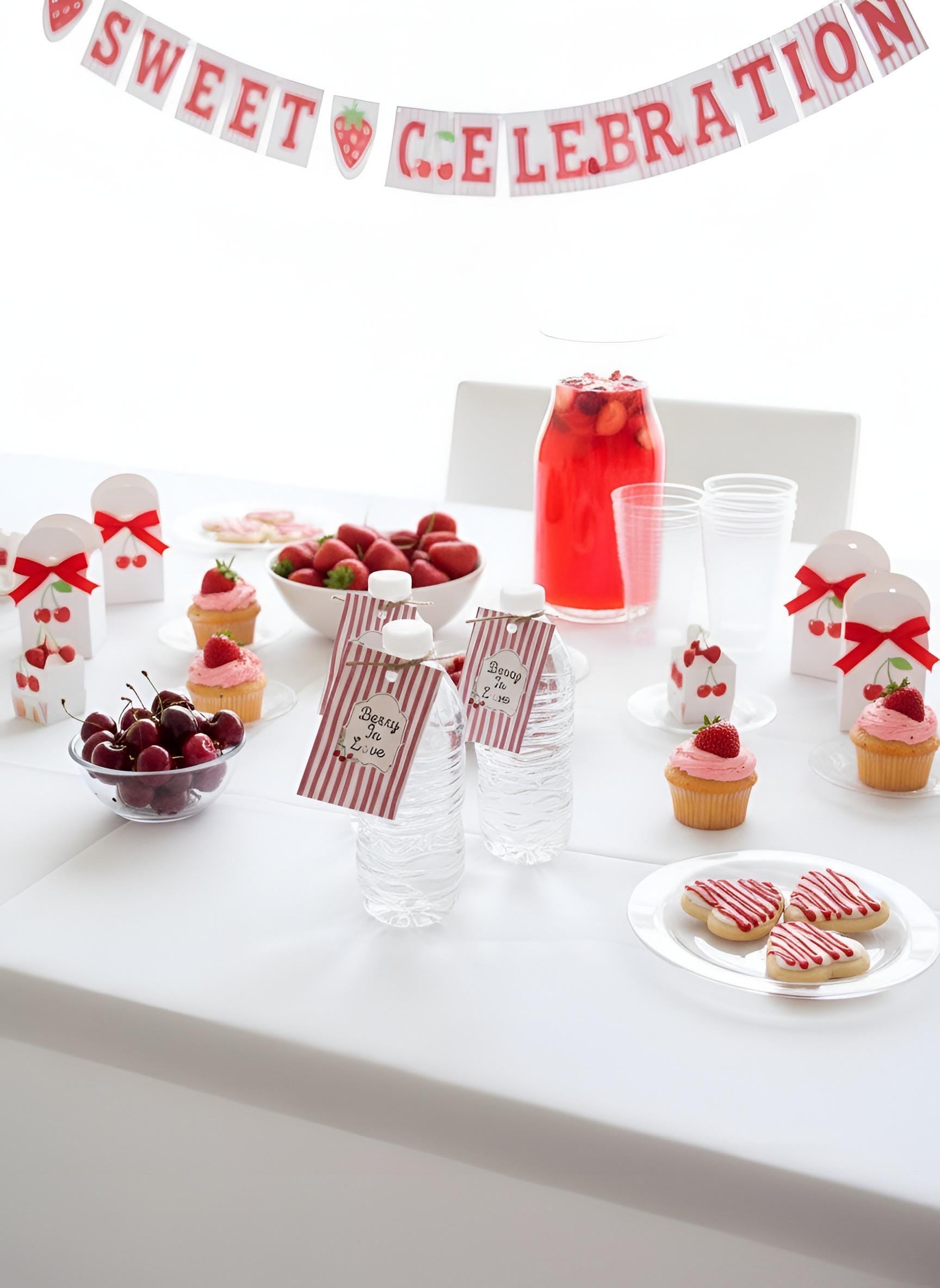 A white party table decorated with red and white strawberry-themed party supplies, including a banner reading 'Berry In Love,' red-and-white striped napkins, small cupcakes, strawberries, cherries, a pitcher of red drink, and water bottles.
