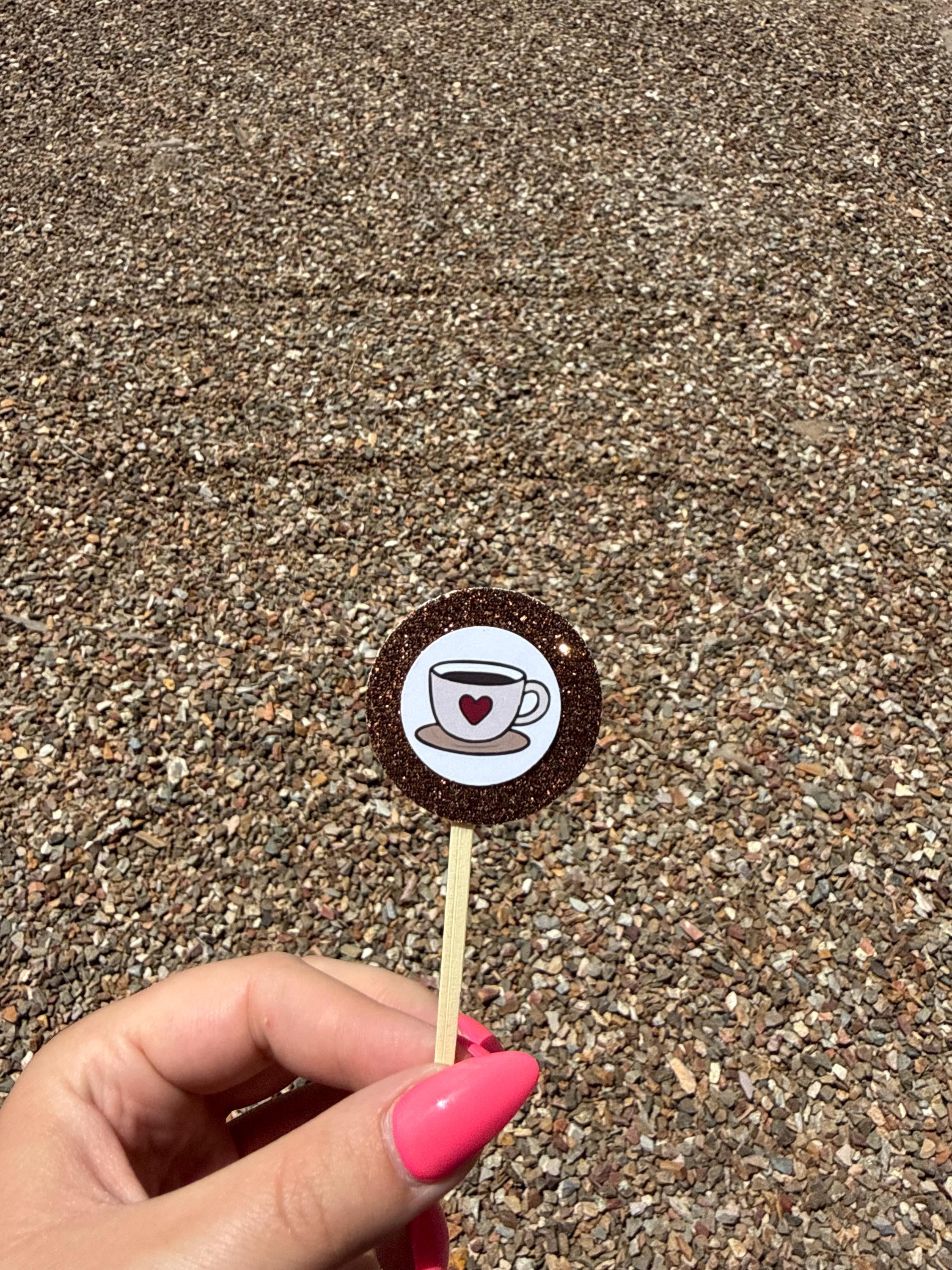 Coffee Treat Toppers, Set of 12 – Glitter Cupcake Picks & Charcuterie Picks with Bamboo Skewers