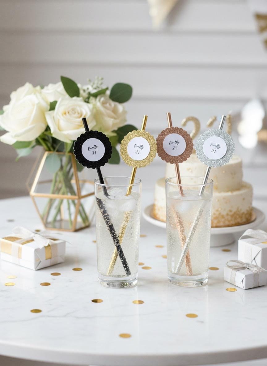 Three clear glasses on a white table decorated with gold confetti, each holding a glittery paper straw with a round black, gold, and silver table number topper that reads 'finally 21'. In the background are white roses in a geometric vase and a tiered cake.