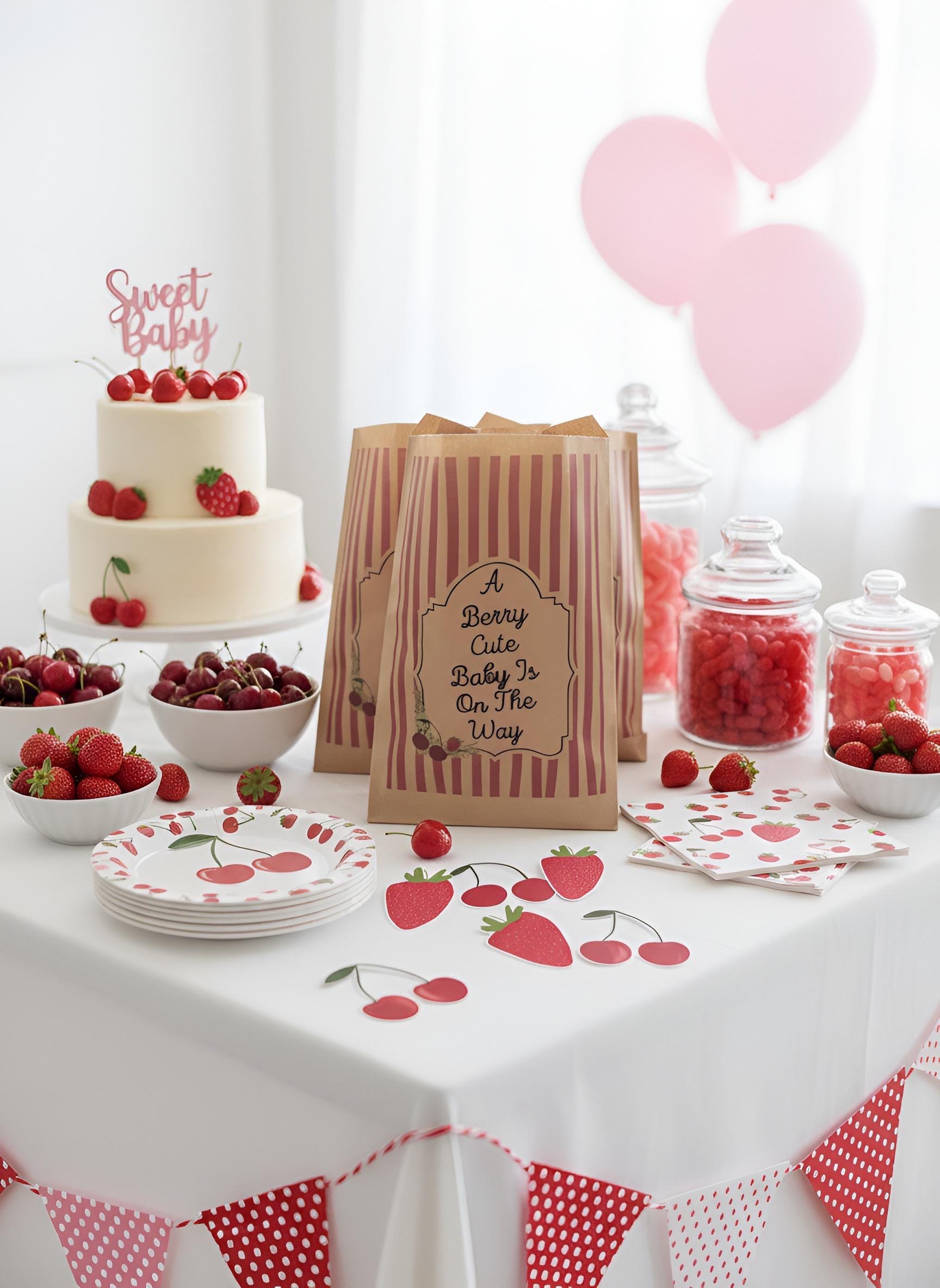 A Berry Cute Baby Is On The Way Baby Shower Decor Kit | Cherry & Strawberry Baby Sprinkle Party Set | Signs, Balloons, Favor Bags and More