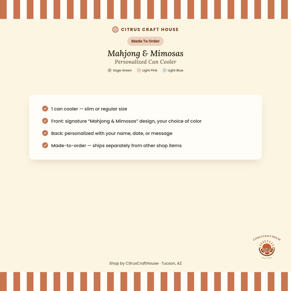 Personalized Mahjong and Mimosas Can Cooler Custom Can Sleeve in Sage Green, Light Pink or Light Blue