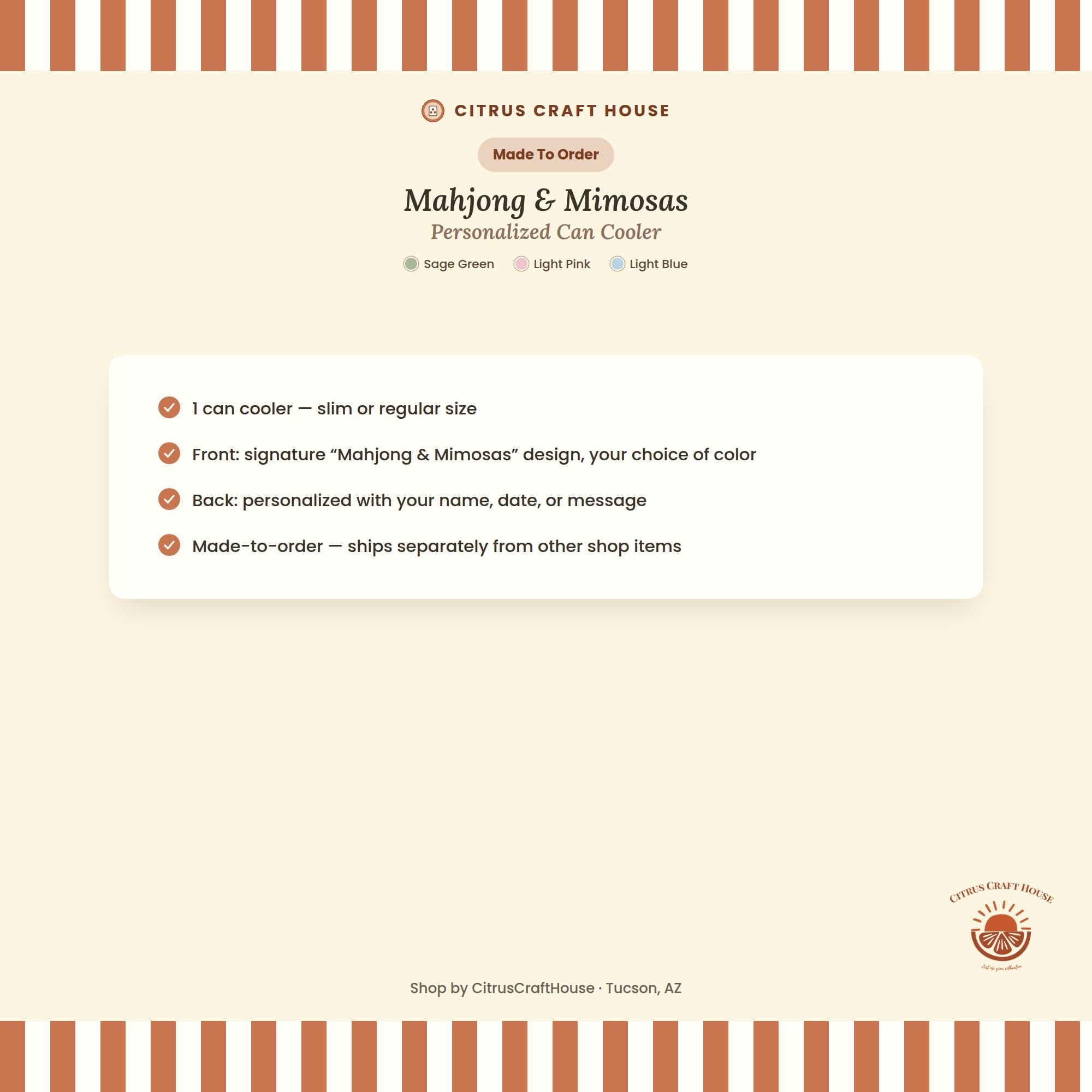 Personalized Mahjong and Mimosas Can Cooler Custom Can Sleeve in Sage Green, Light Pink or Light Blue