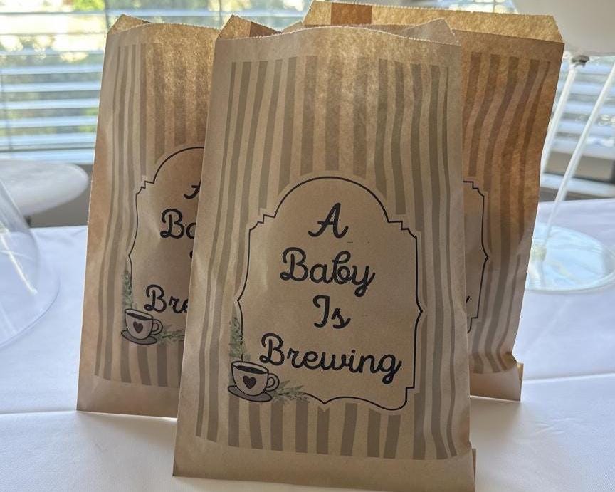 A Baby Is Brewing Favor Bags, Set of 12 – 6x9 Flat Kraft Paper Bags for Baby Shower Favors & Treats