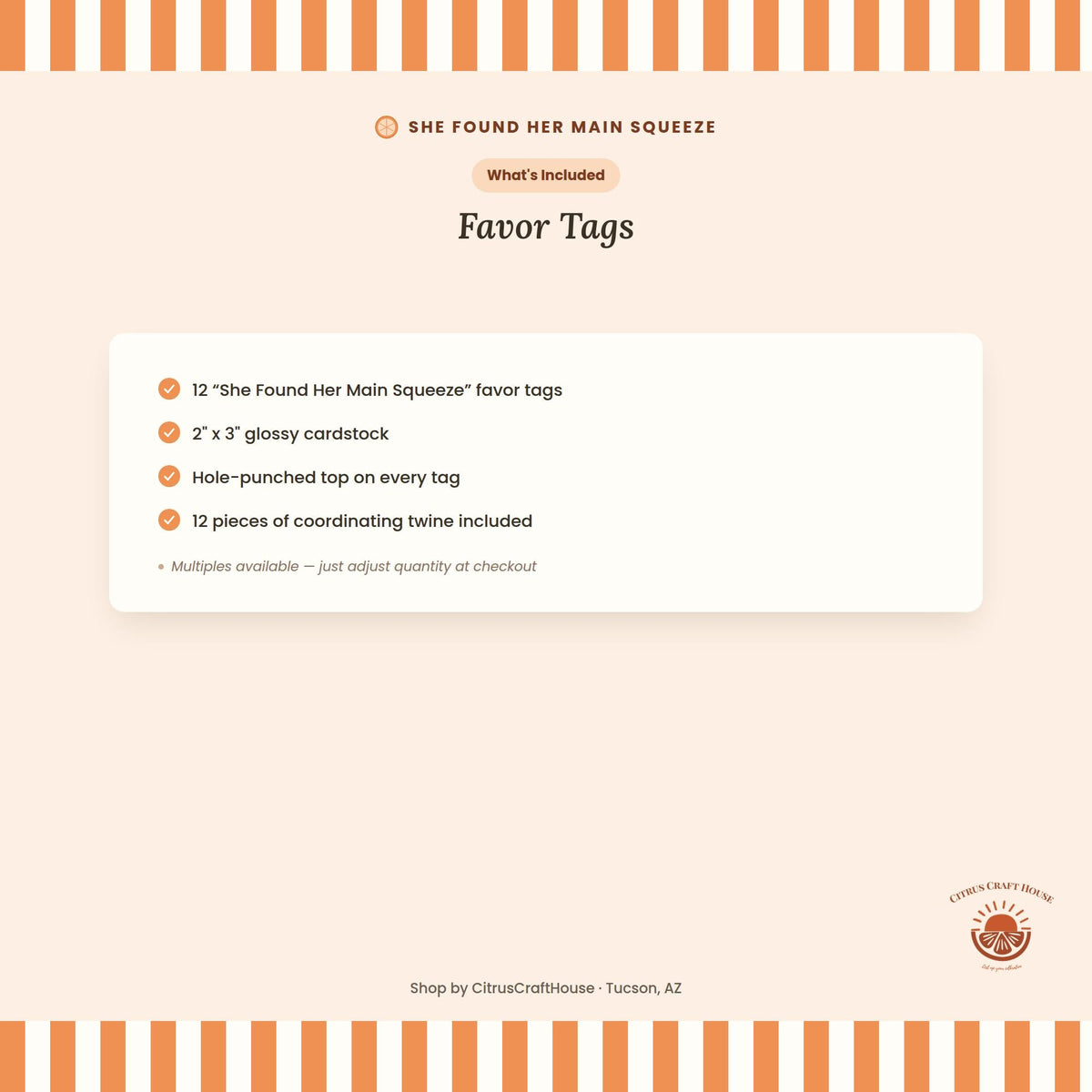 She Found Her Main Squeeze Favor Tags, Set of 12 – Glossy Cardstock Gift Tags with Twine for Bridal Shower & Bachelorette
