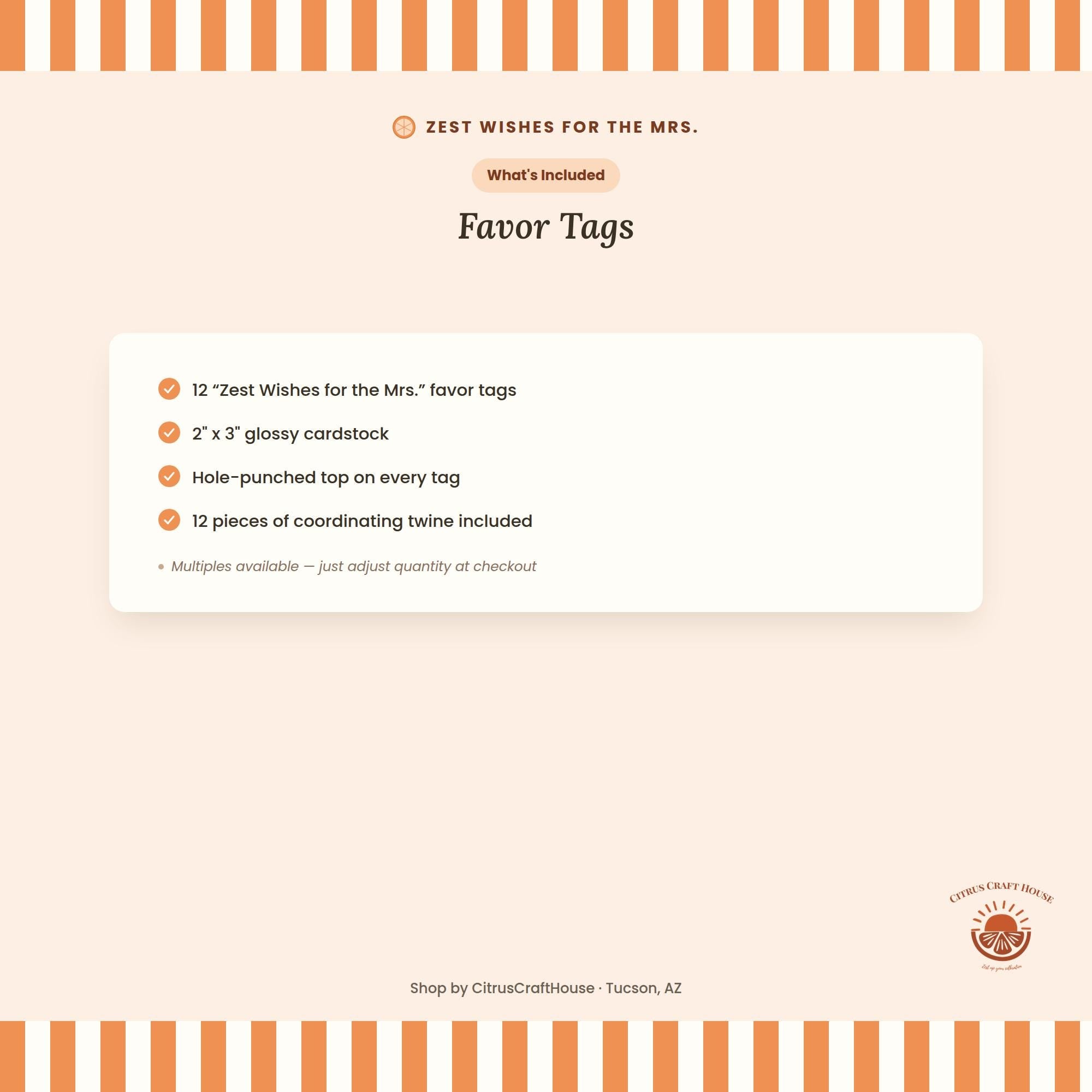 Zest Wishes for the Mrs. Favor Tags, Set of 12 – Glossy Cardstock Gift Tags with Twine for Bridal Shower & Bachelorette