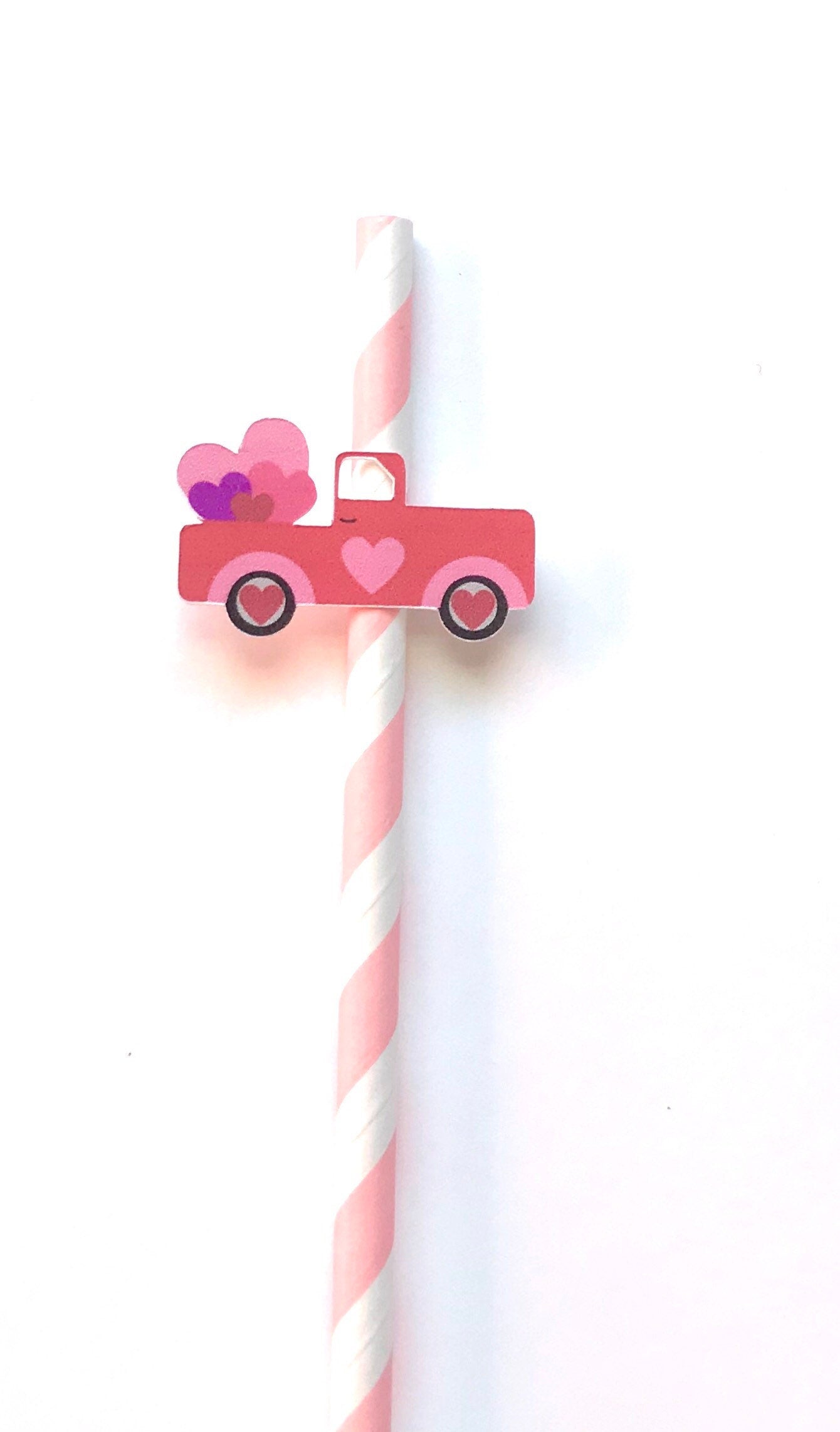 Valentine Red Truck Glitter Straws, Set of 12 – Pink & White Party Decor with Heart Bouquet