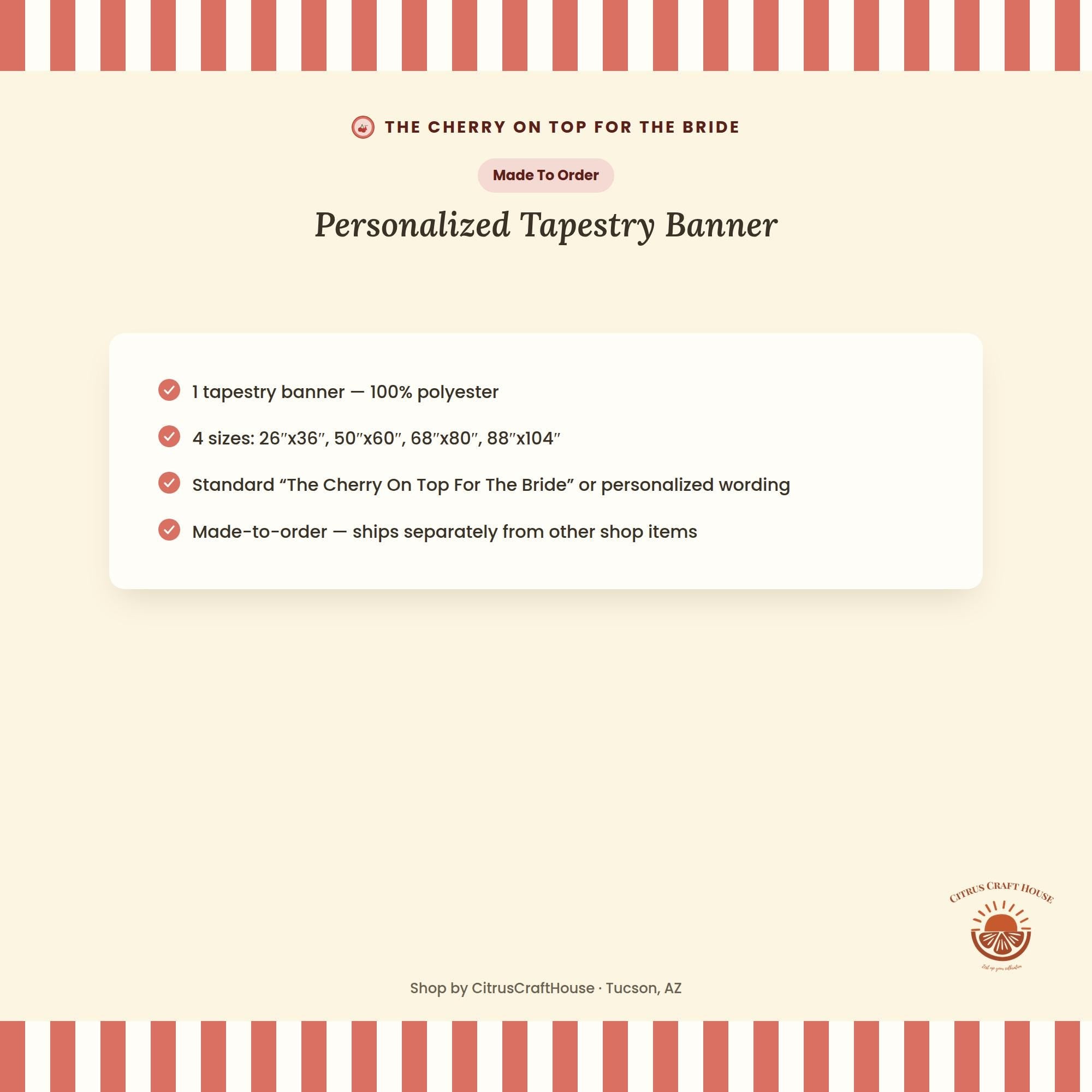 Personalized The Cherry On Top For The Bride Tapestry Banner Polyester Wall Hanging Backdrop, 4 Sizes for Bridal Shower