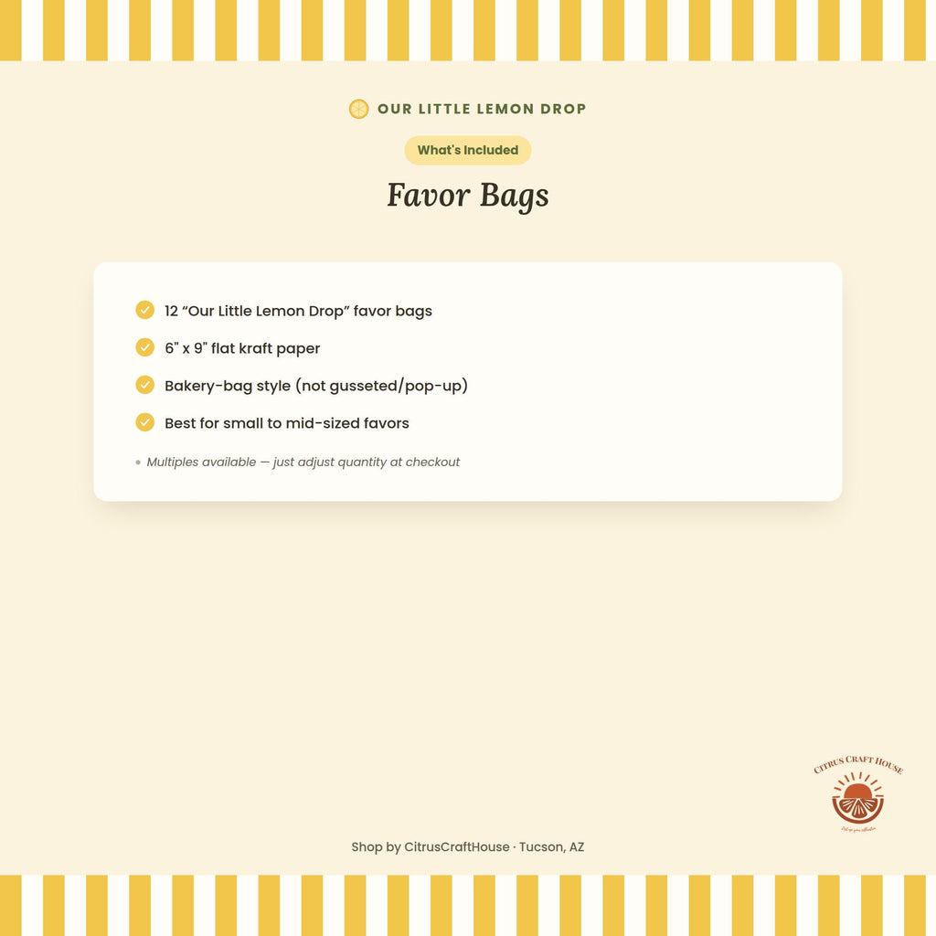 Our Little Lemon Drop Favor Bags, Set of 12 – 6x9 Flat Kraft Paper Bags for Baby Shower Favors & Treats