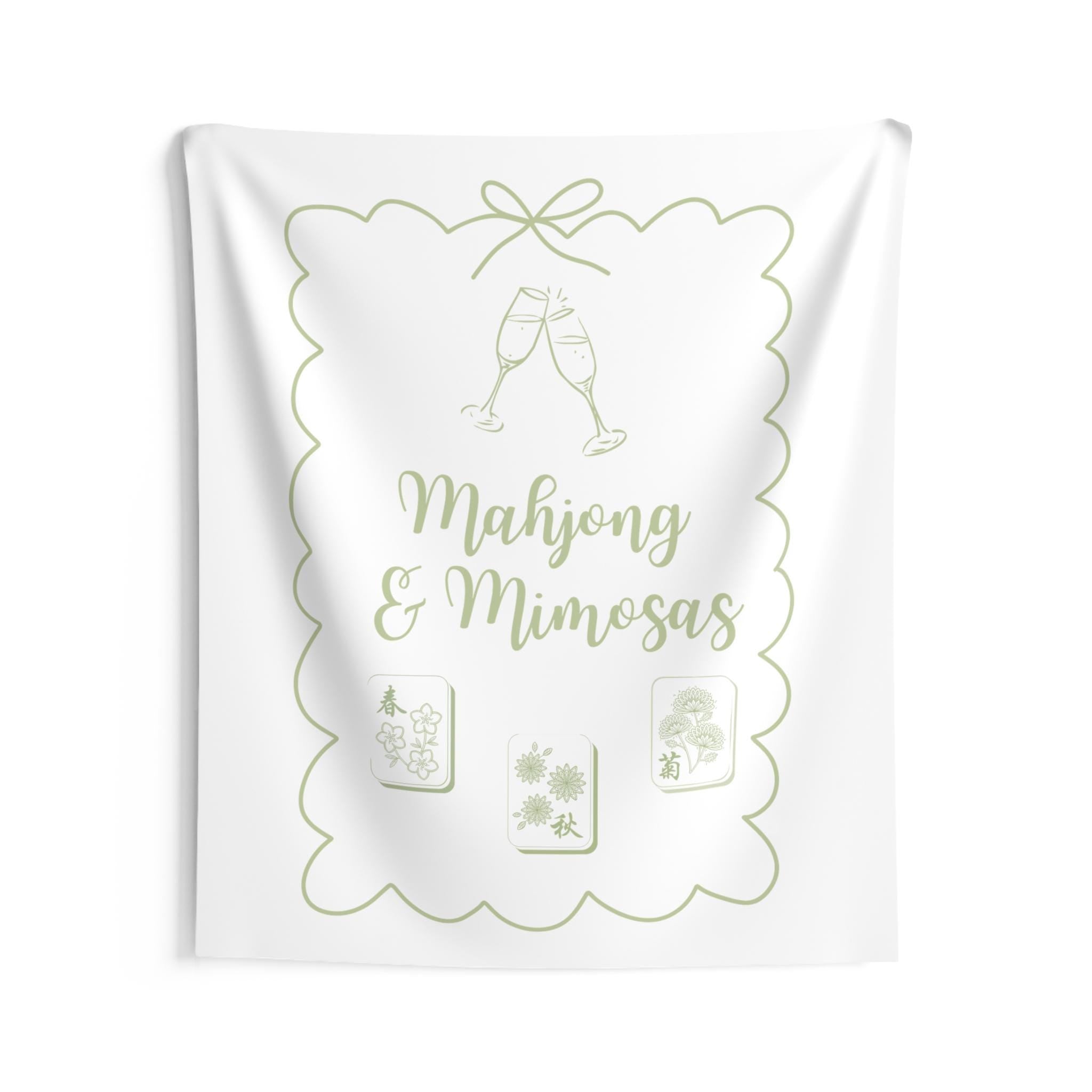 Personalized Mahjong and Mimosas Tapestry Banner Polyester Backdrop in Sage Green, Light Pink or Light Blue, 4 Sizes