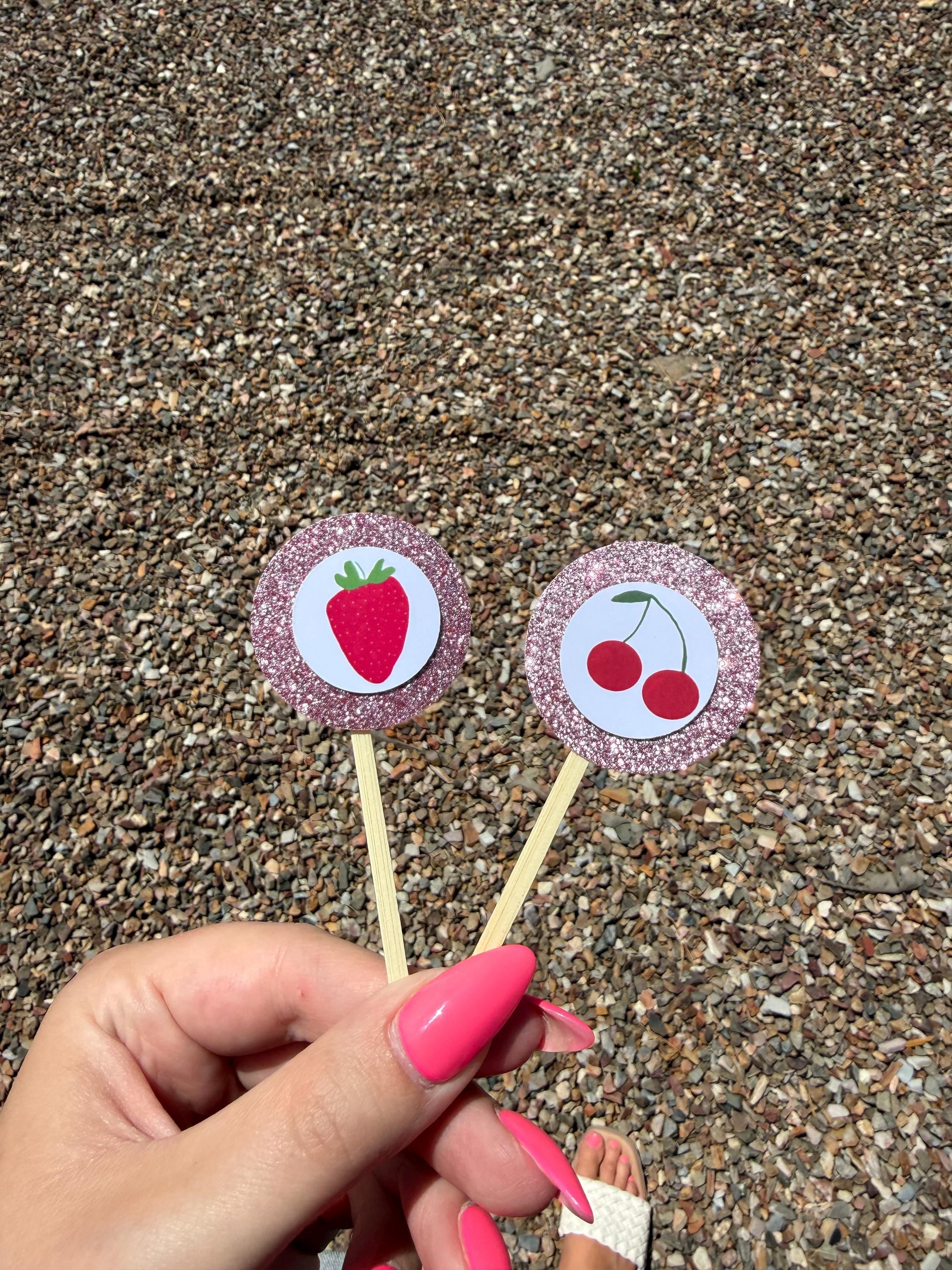 Berry Treat Toppers, Set of 12 – Glitter Cupcake Picks & Charcuterie Picks with Bamboo Skewers