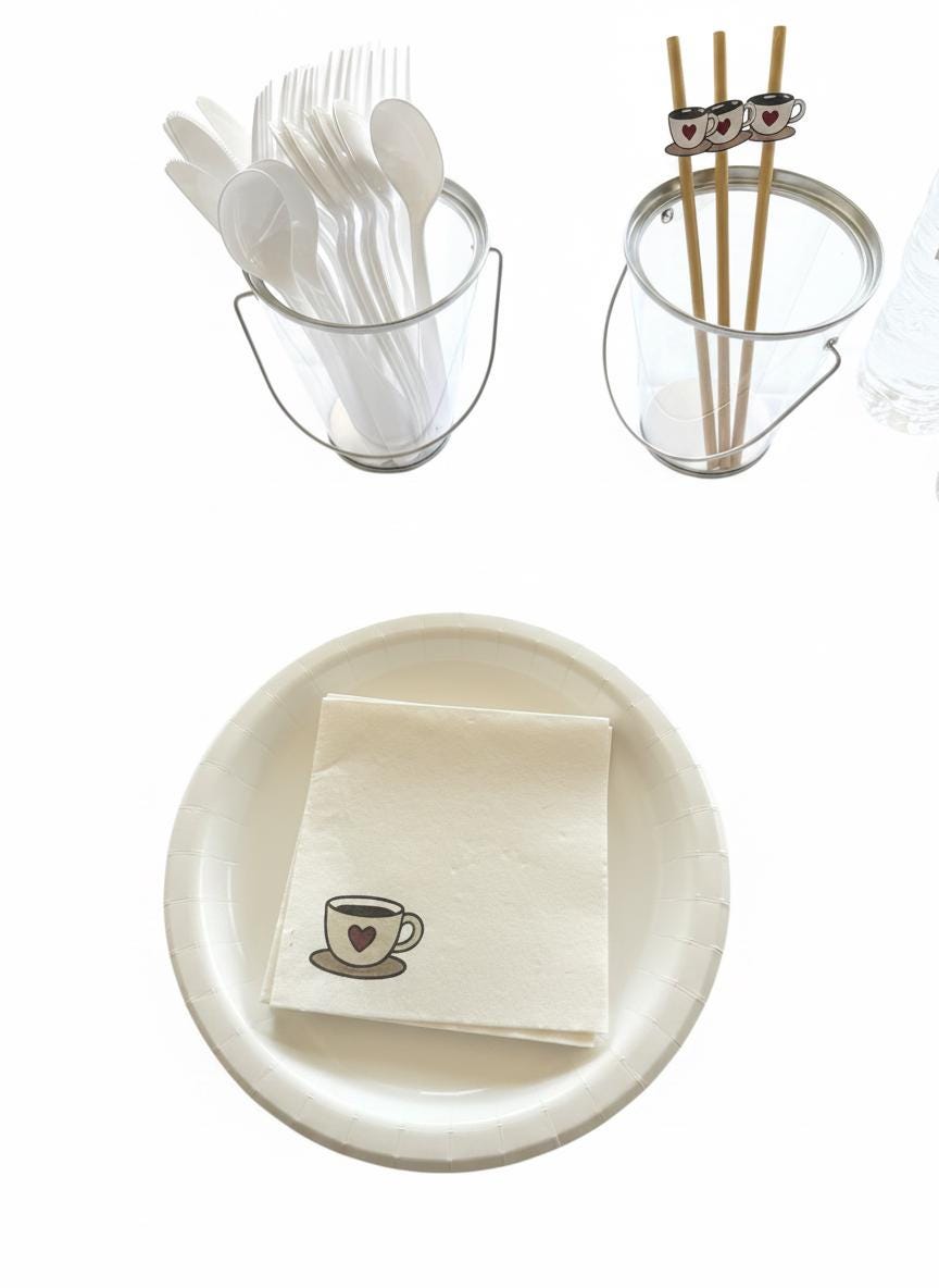 Coffee Cocktail Napkins, Set of 12 – White Paper Napkins with Coffee Cup Print for Baby Shower & Bridal Shower