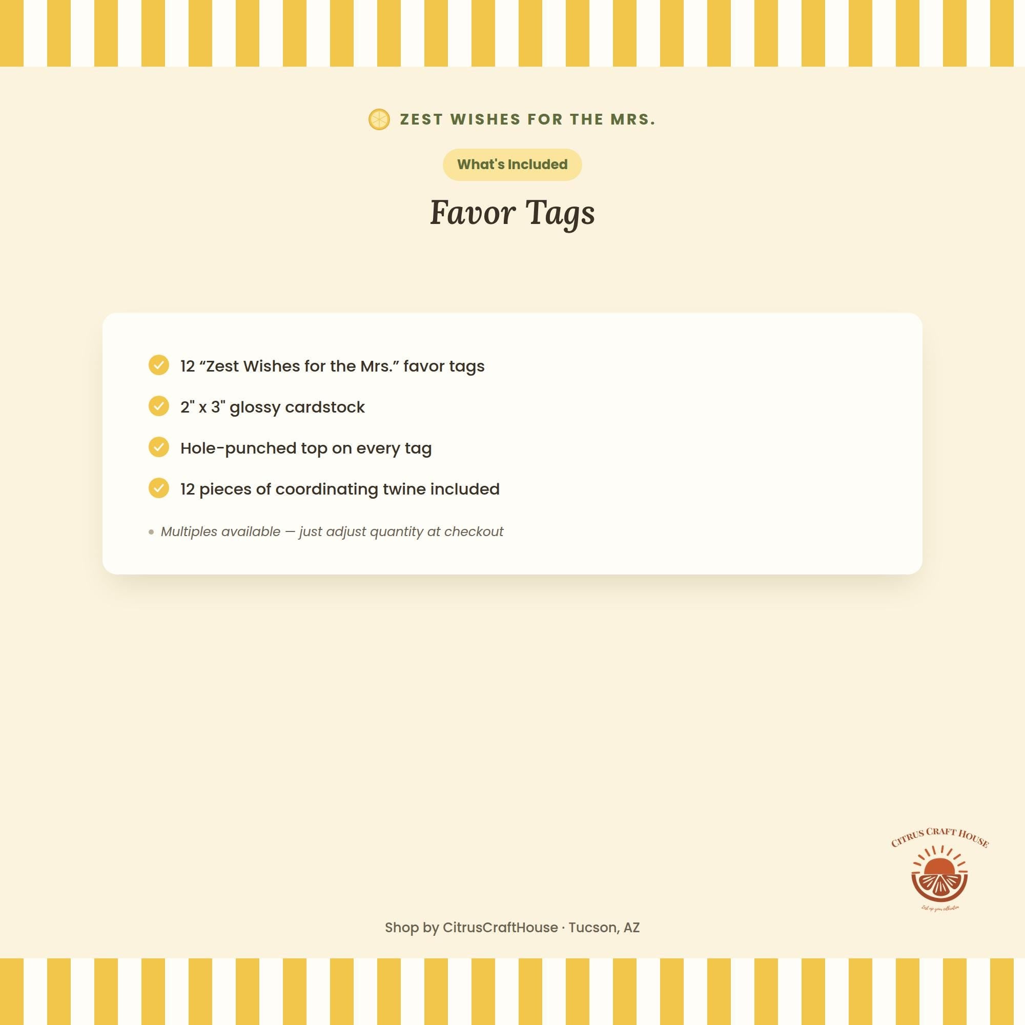 Zest Wishes for the Mrs. Favor Tags, Set of 12 – Glossy Cardstock Gift Tags with Twine for Bridal Shower & Bachelorette