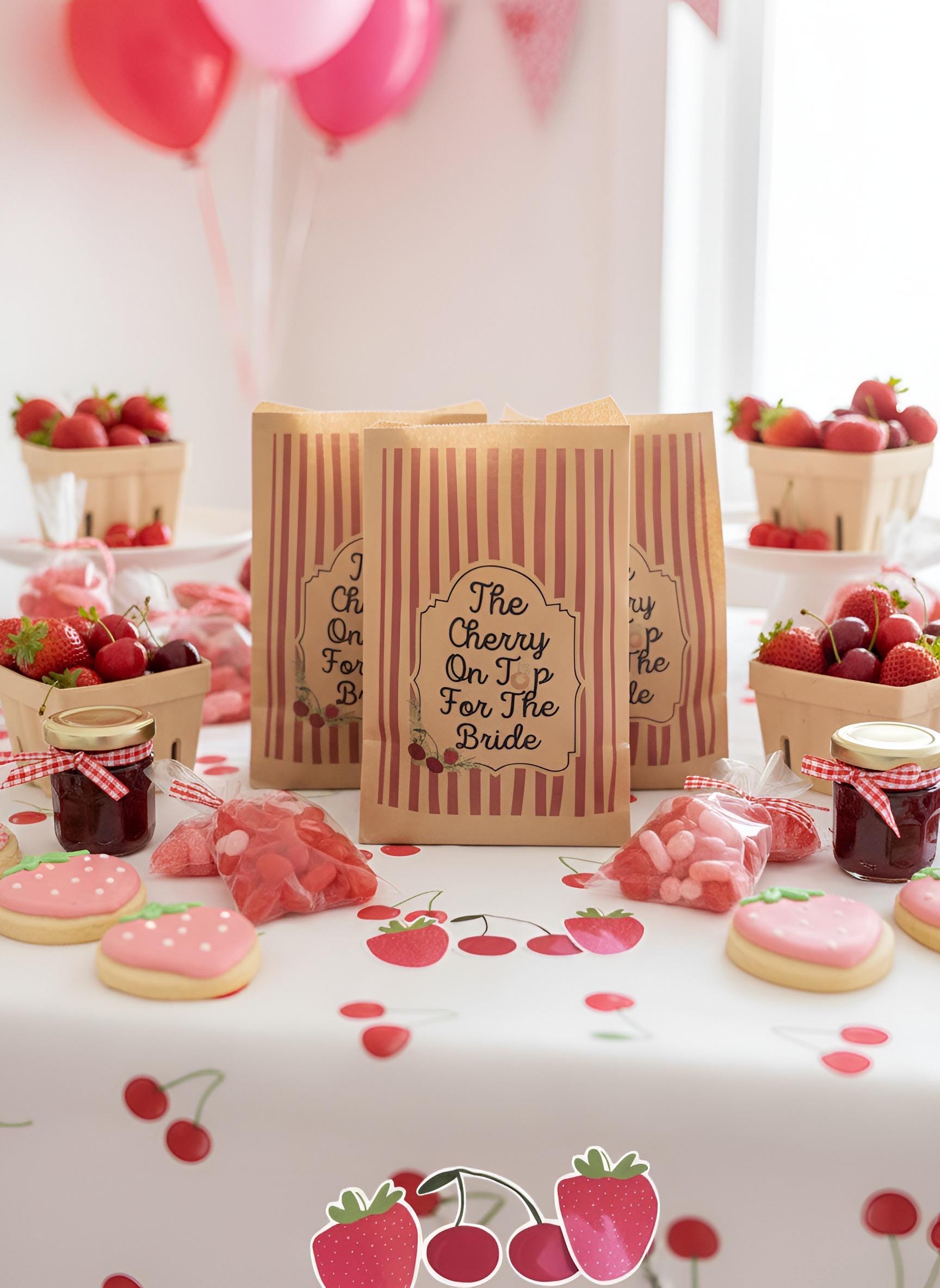 The Cherry On Top For The Bride Bridal Shower Decor Kit | Cherry & Strawberry Bachelorette Party Set | Signs, Balloons, Favor Bags and More